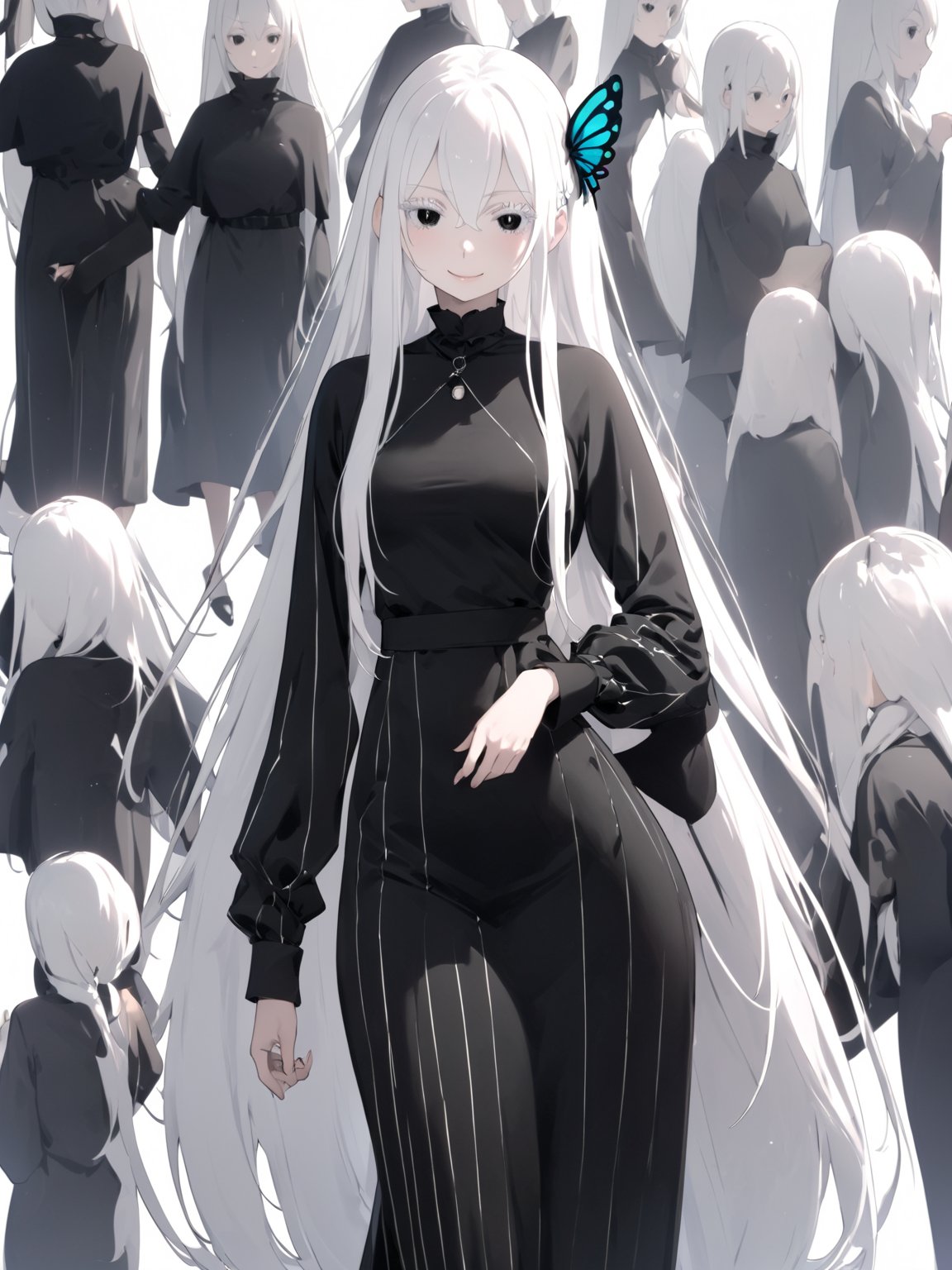 //Quality,
masterpiece, best quality, detailed
,//Character,
solo, echidna_rezero, 1girl, breasts, bangs, hair between eyes, very long hair, white hair, black eyes, colored eyelashes
,//Fashion,
long sleeves, striped, black dress, long dress, butterfly hair ornament, black capelet
,//Background,
white_background
,//Others,
standing, smile