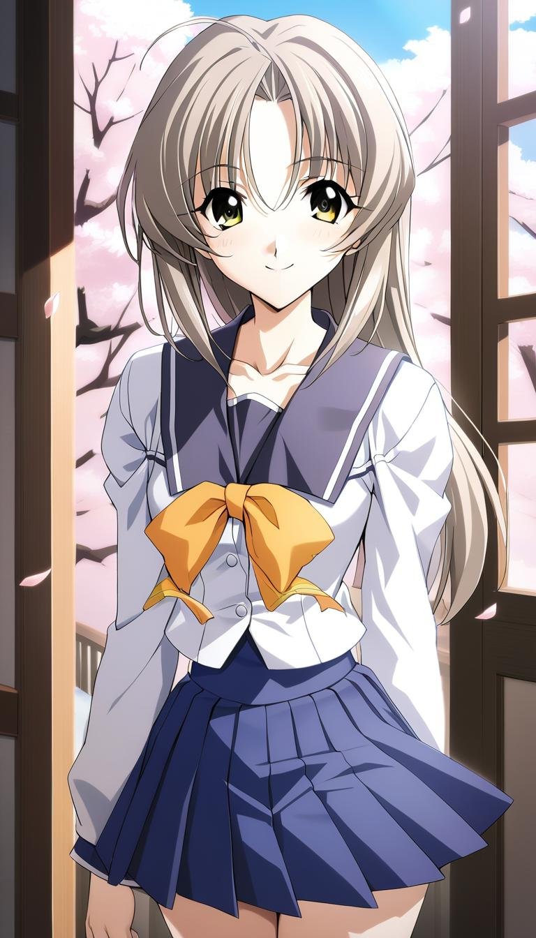 1girl,Futami Shion,sumisora uniform,blue pleated skirt,smile,blush,looking at viewer,petals,cherry blossoms,looking at viewer,sky,cowboy shot,standing,collarbone,cloud,masterpiece,best quality,game cg,blush,(detailed beautiful eyes:1.2),(beautiful face:1.2),<lora:FutamiShionXL:1>,