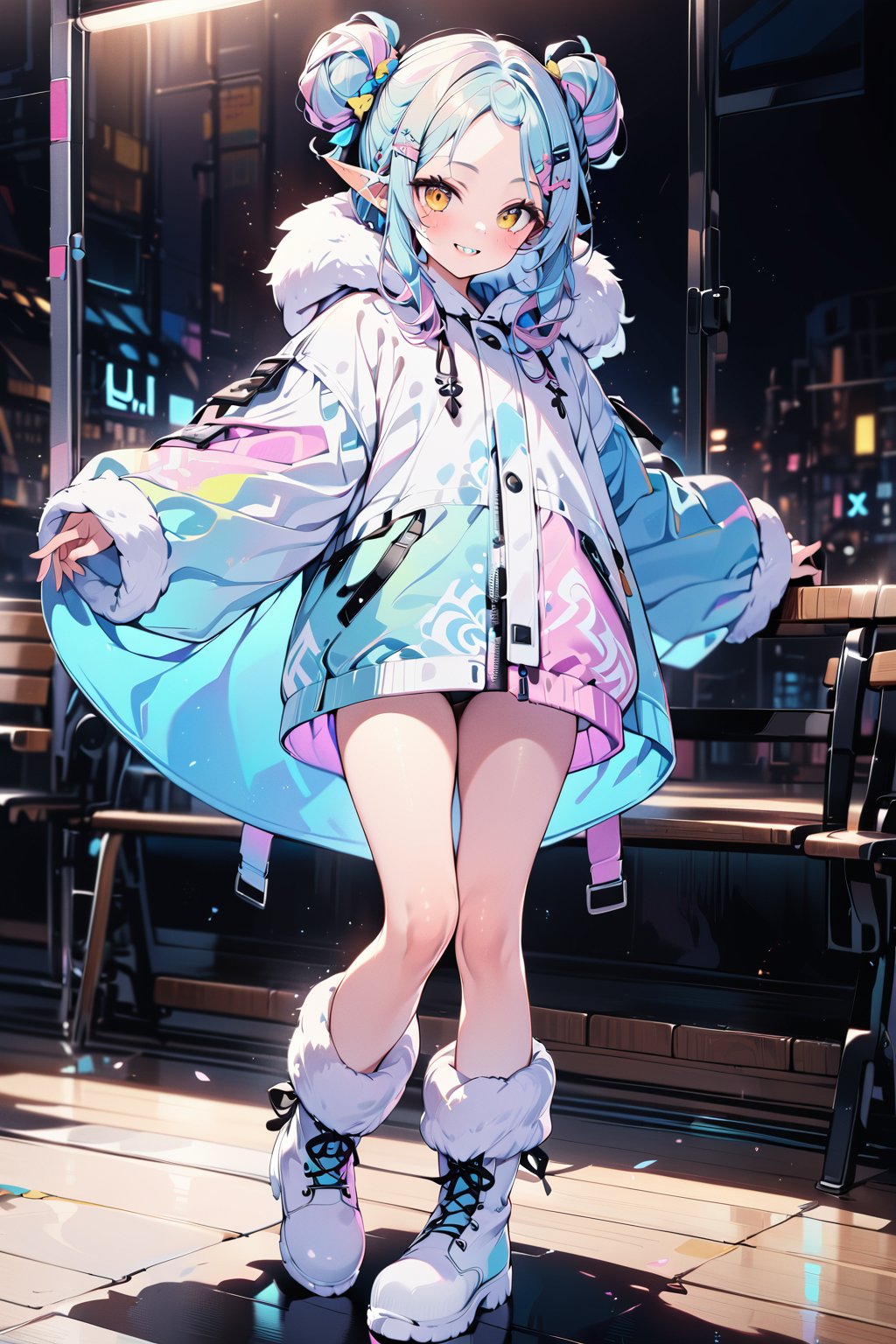 masterpiece, best quality, 8k HD, brillint lighting effect, sharp quality, intricate details:0.8,ultra resolution, cold color scheme, pastel ink, 1girl , korean, full body, cute smile, intricate detailed yellow eyes , pointy face,(silver_color_with_streaks_tied_bun_hairstyle, beautiful bangs, curls, forehead, hairclip), Nordic fur, fur boots, Dracula teeth, elf ears, more detail XL,