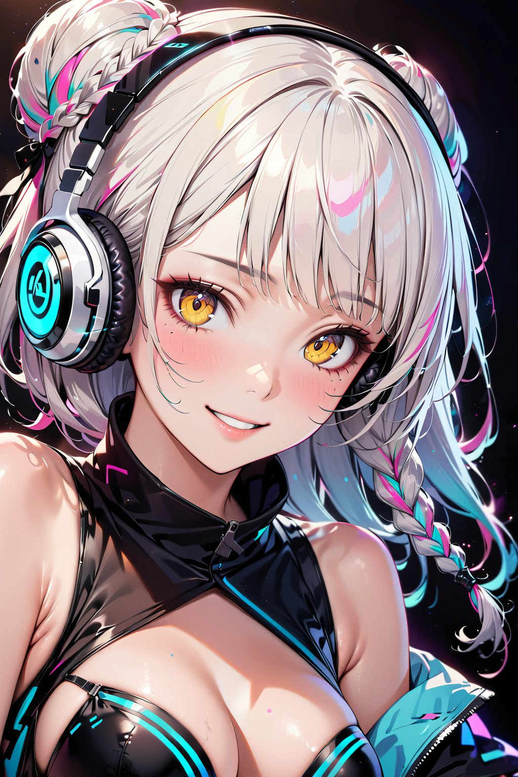 masterpiece, best quality, 8k HD, brillint lighting effect, sharp quality, intricate details:0.8,ultra resolution, Triadic color scheme, 1girl , korean, upper-body, wide smile, intricate detailed yellow eyes , eyelashes,  pointy face,(silver_color_with_streaks_braids_bun_hairstyle, beautiful bangs, curls), DJ Headphones ,Crop top, cyborg, Mechanical parts, cyborg arm, cyborg visor, sniper rifile in hand , more detail XL,Extremely Realistic