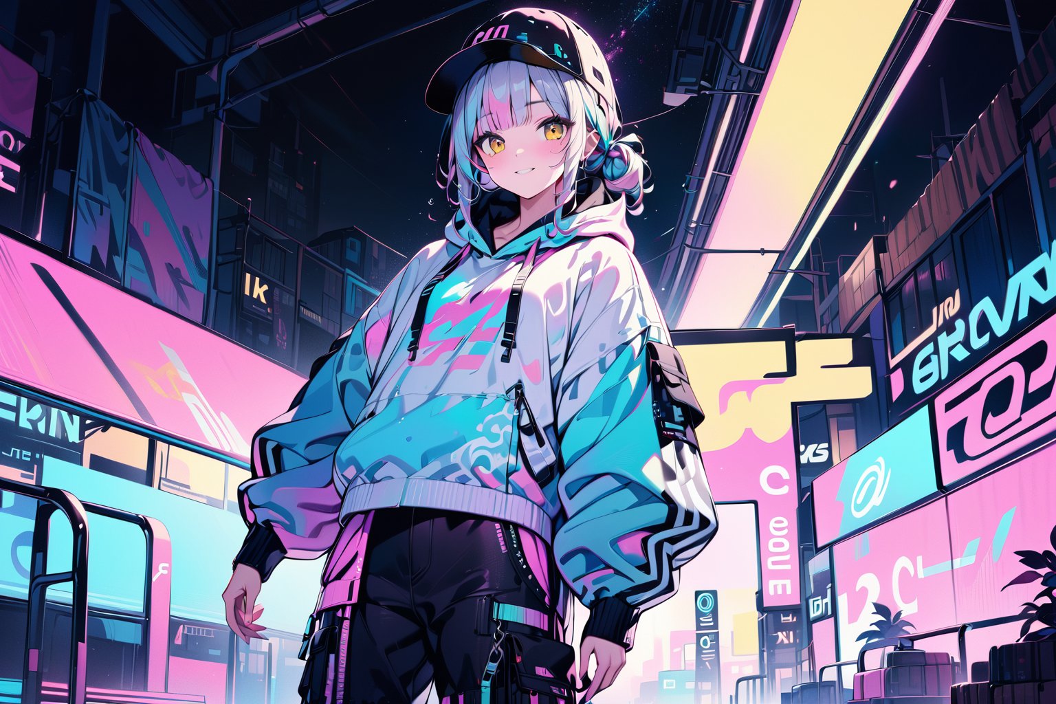 masterpiece, best quality, 8k HD, brillint lighting effect, sharp quality, intricate details:0.8,ultra resolution, cold color scheme, pastel ink, 1girl , korean, full body, cute smile, intricate detailed yellow eyes , pointy face,(silver_color_with_streaks_tied_messy_hairstyle, beautiful bangs, curls),  backwards baseball cap, tank top with a thick jacket, baggy cargo pants, white running shoes, , more detail XL,