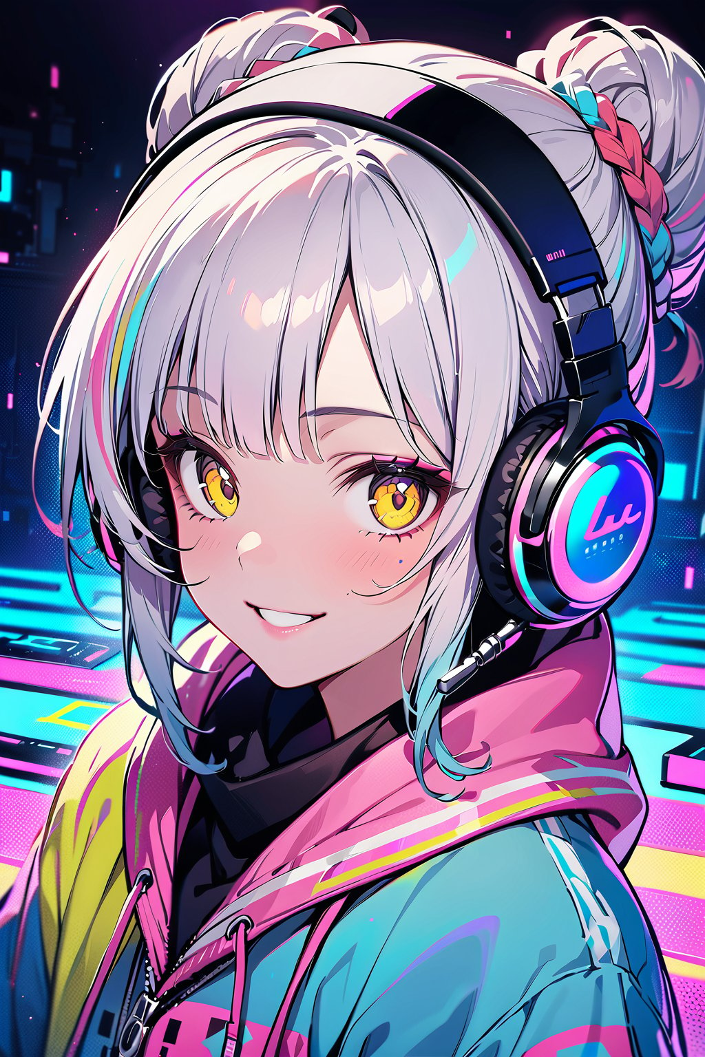 masterpiece, best quality, 8k HD, brillint lighting effect, sharp quality, intricate details:0.8,ultra resolution, Triadic color scheme, 1girl , korean, upper-body, wide smile, intricate detailed yellow eyes , eyelashes,  pointy face,(silver_color_with_streaks_braids_bun_hairstyle, beautiful bangs, curls), DJ Headphones ,Crop top, cardigan jacket, , more detail XL