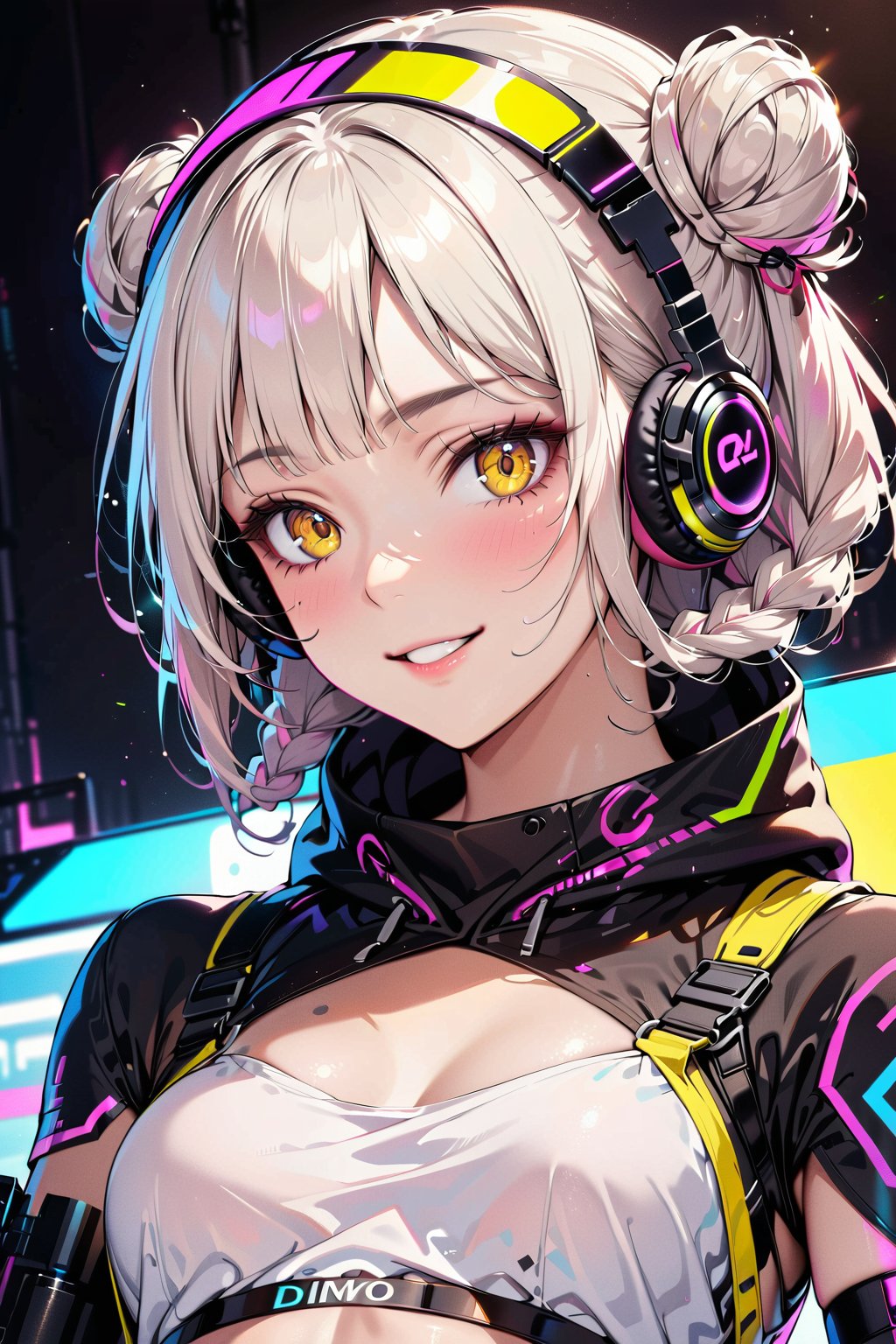 masterpiece, best quality, 8k HD, brillint lighting effect, sharp quality, intricate details:0.8,ultra resolution, Triadic color scheme, 1girl , korean, upper-body, wide smile, intricate detailed yellow eyes , eyelashes,  pointy face,(silver_color_with_streaks_braids_bun_hairstyle, beautiful bangs, curls), DJ Headphones ,Crop top, Mechanical parts, cyborg arm, cyborg visor, sniper rifile in hand , more detail XL,Extremely Realistic