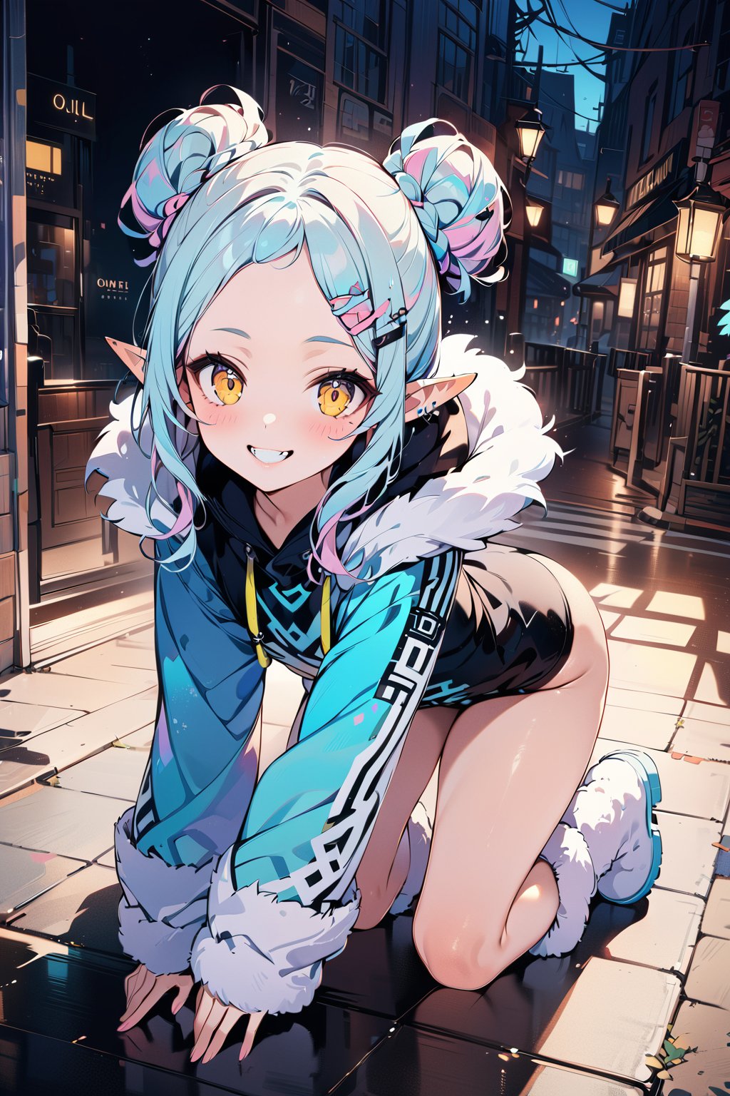 masterpiece, best quality, 8k HD, brillint lighting effect, sharp quality, intricate details:0.8,ultra resolution, cold color scheme, pastel ink, 1girl , korean, full body, cute smile, intricate detailed yellow eyes , pointy face,(silver_color_with_streaks_tied_bun_hairstyle, beautiful bangs, curls, forehead, hairclip), Nordic fur, fur boots, Dracula teeth, elf ears, more detail XL,