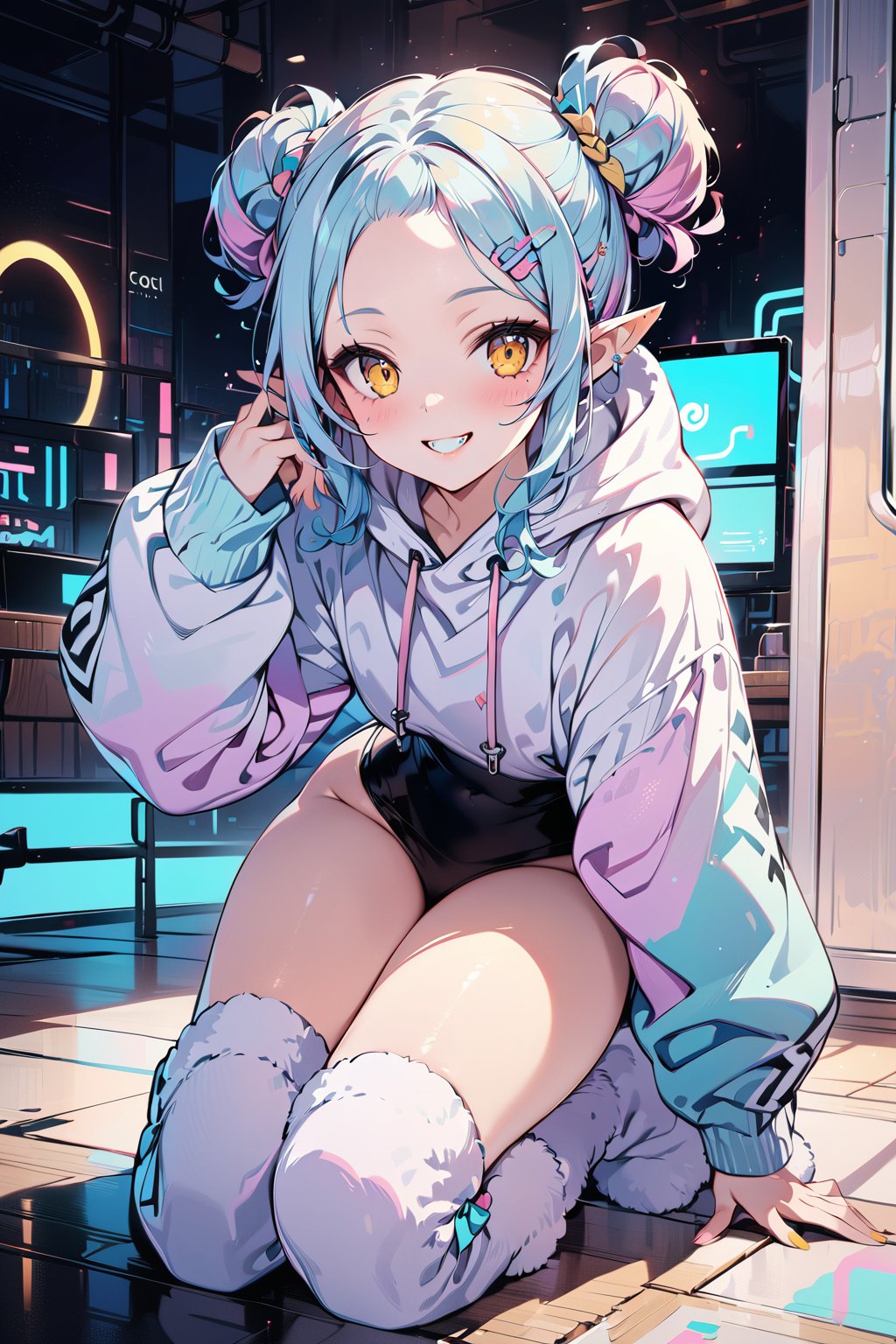 masterpiece, best quality, 8k HD, brillint lighting effect, sharp quality, intricate details:0.8,ultra resolution, cold color scheme, pastel ink, 1girl , korean, full body, cute smile, intricate detailed yellow eyes , pointy face,(silver_color_with_streaks_tied_bun_hairstyle, beautiful bangs, curls, forehead, hairclip), Nordic fur, fur boots, Dracula teeth, elf ears, more detail XL,