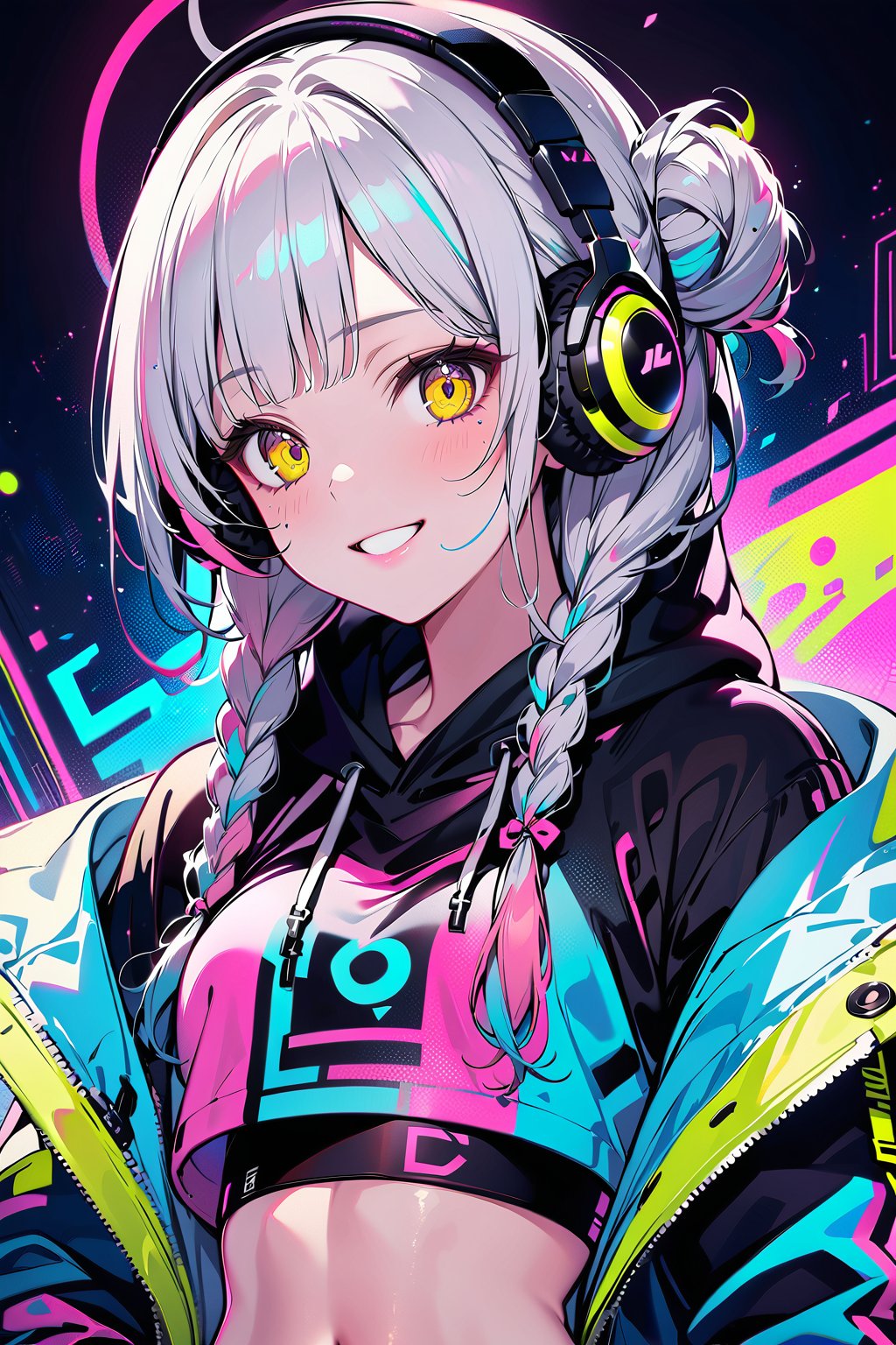 masterpiece, best quality, 8k HD, brillint lighting effect, sharp quality, intricate details:0.8,ultra resolution, Triadic color scheme, 1girl , korean, upper-body, wide smile, intricate detailed yellow eyes , eyelashes,  pointy face,(silver_color_with_streaks_braids_bun_hairstyle, beautiful bangs, curls), DJ Headphones ,Crop top, cardigan jacket, , more detail XL