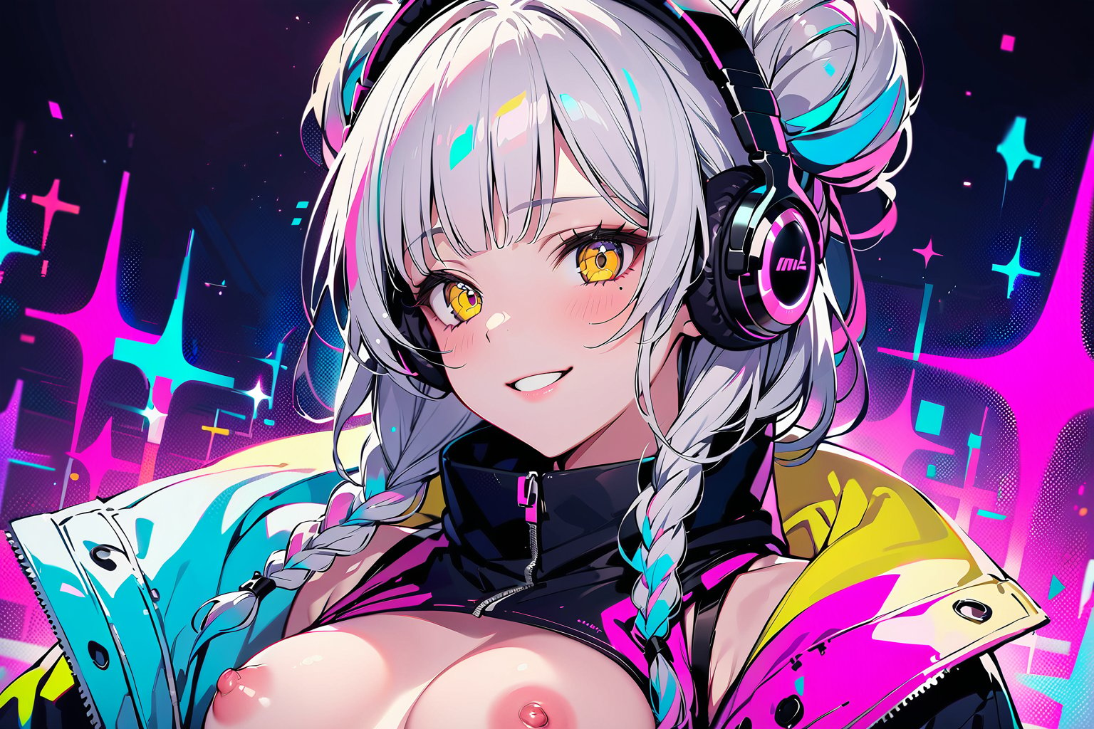 masterpiece, best quality, 8k HD, brillint lighting effect, sharp quality, intricate details:0.8,ultra resolution, Triadic color scheme, 1girl , korean, upper-body, wide smile, intricate detailed yellow eyes , eyelashes,  pointy face,(silver_color_with_streaks_braids_bun_hairstyle, beautiful bangs, curls), DJ Headphones ,Crop top, cardigan jacket, visible nipples , more detail XL