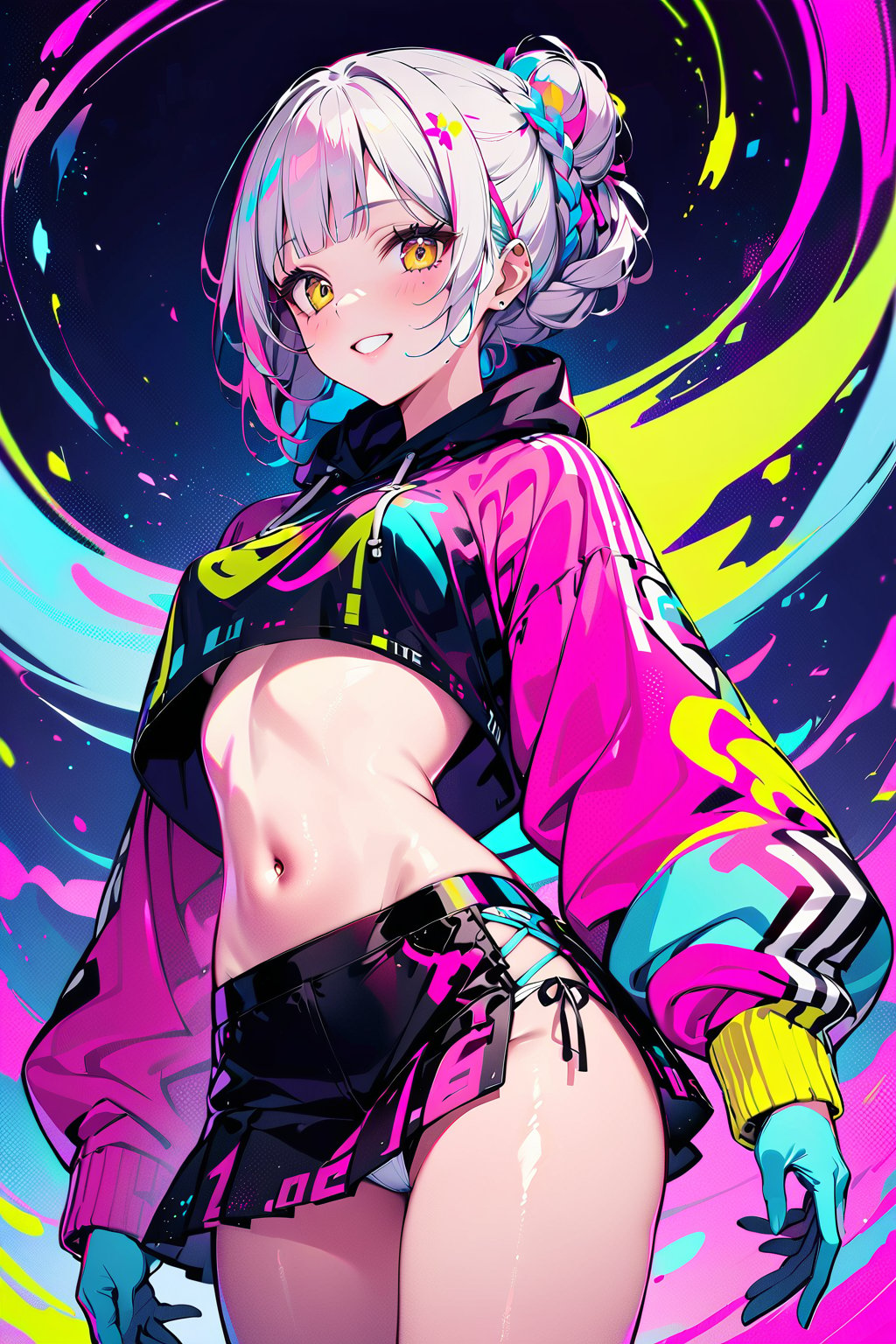 masterpiece, best quality, 8k HD, brillint lighting effect, sharp quality, intricate details:0.8,ultra resolution, Triadic color scheme, 1girl , korean, full body, wide smile, intricate detailed yellow eyes , eyelashes,  pointy face,(silver_color_with_streaks_braids_bun_hairstyle, beautiful bangs, curls), Crop jacket, miniskirt, visible panties, exposed nipple , more detail XL