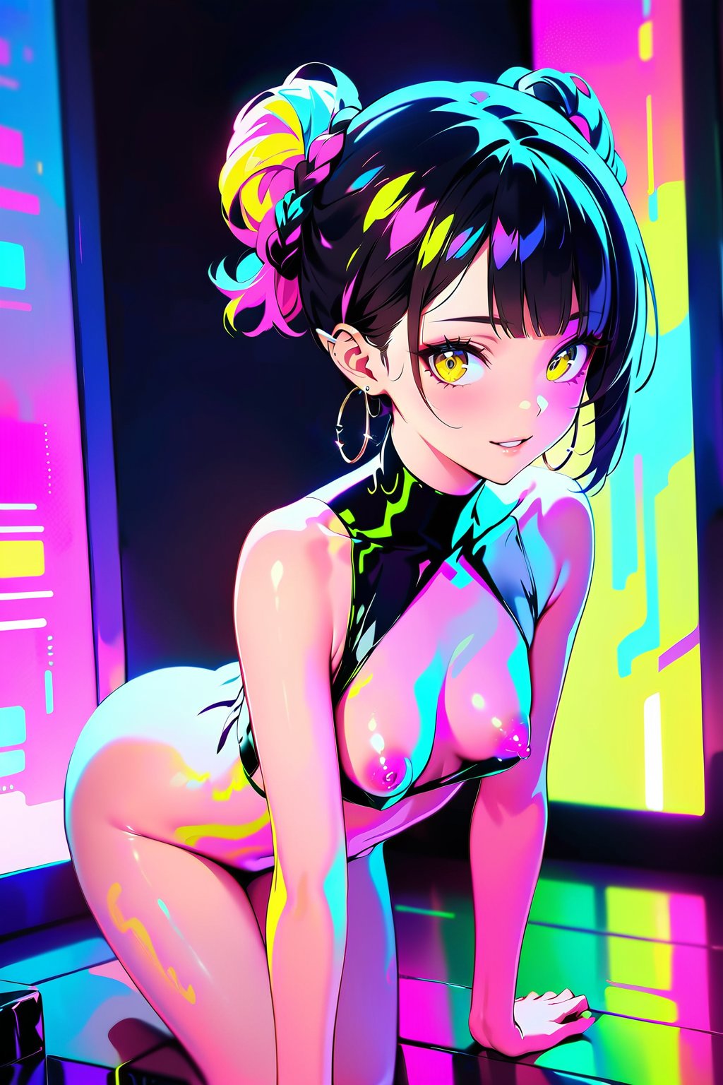masterpiece, best quality, 8k HD, brillint lighting effect, sharp quality, intricate details:0.8,ultra resolution, Triadic color scheme, 1girl , korean, full body, wide smile, intricate detailed yellow eyes , eyelashes,  pointy face,(silver_color_with_streaks_braids_bun_hairstyle, beautiful bangs, curls), elf ears, hoop earrings, wink:1.1, exposed nipple , more detail XL,LuminescentCL
