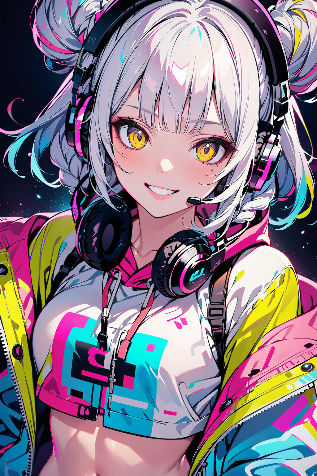 masterpiece, best quality, 8k HD, brillint lighting effect, sharp quality, intricate details:0.8,ultra resolution, Triadic color scheme, 1girl , korean, upper-body, wide smile, intricate detailed yellow eyes , eyelashes,  pointy face,(silver_color_with_streaks_braids_bun_hairstyle, beautiful bangs, curls), DJ Headphones ,Crop top, cardigan jacket, , more detail XL