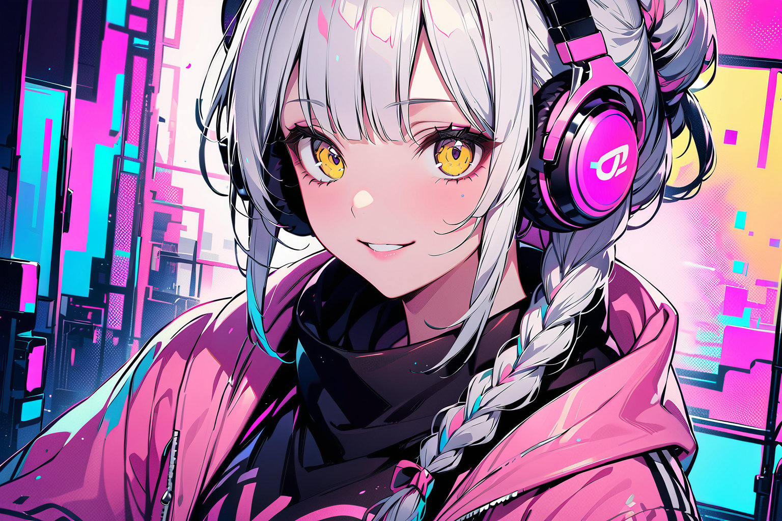 masterpiece, best quality, 8k HD, brillint lighting effect, sharp quality, intricate details:0.8,ultra resolution, Triadic color scheme, 1girl , korean, upper-body, wide smile, intricate detailed yellow eyes , eyelashes,  pointy face,(silver_color_with_streaks_braids_bun_hairstyle, beautiful bangs, curls), DJ Headphones ,Crop top, cardigan jacket , more detail XL
