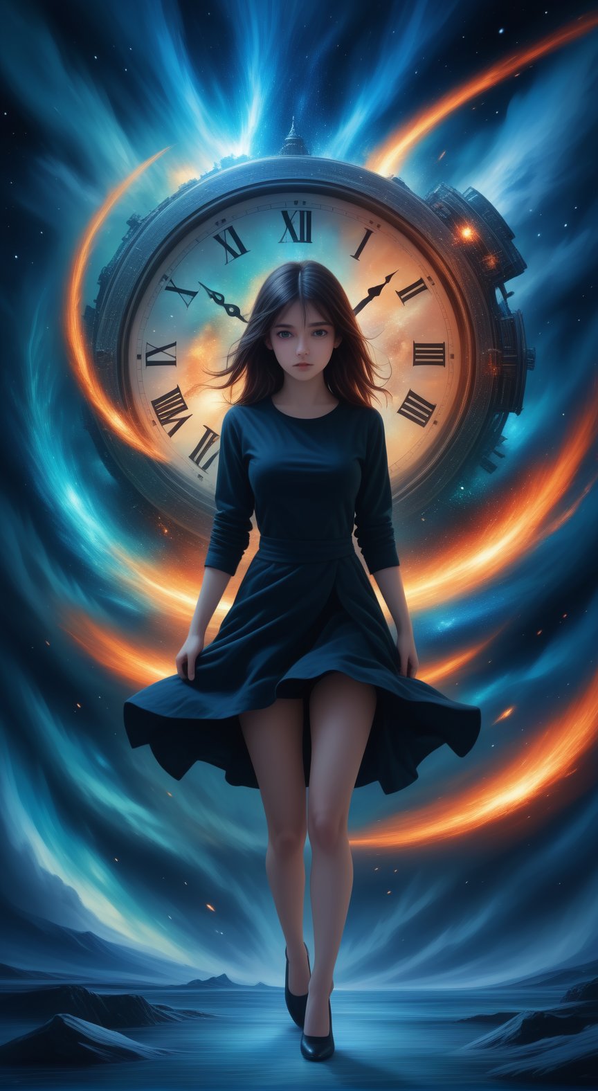 1girl, ilustratif, imagination of a clock
centerpiece of a scene depicting a universe dissolving into chaos, tones of blue, emerald green, and fiery orange swirling around, Clock hands set to midnight midnight, surrounding celestial elements disintegrating, space debris caught in a frozen explosion, interstellar clouds background, dynamic play of cosmic light, ultra realistic, digital painting.,,<lora:659095807385103906:1.0>