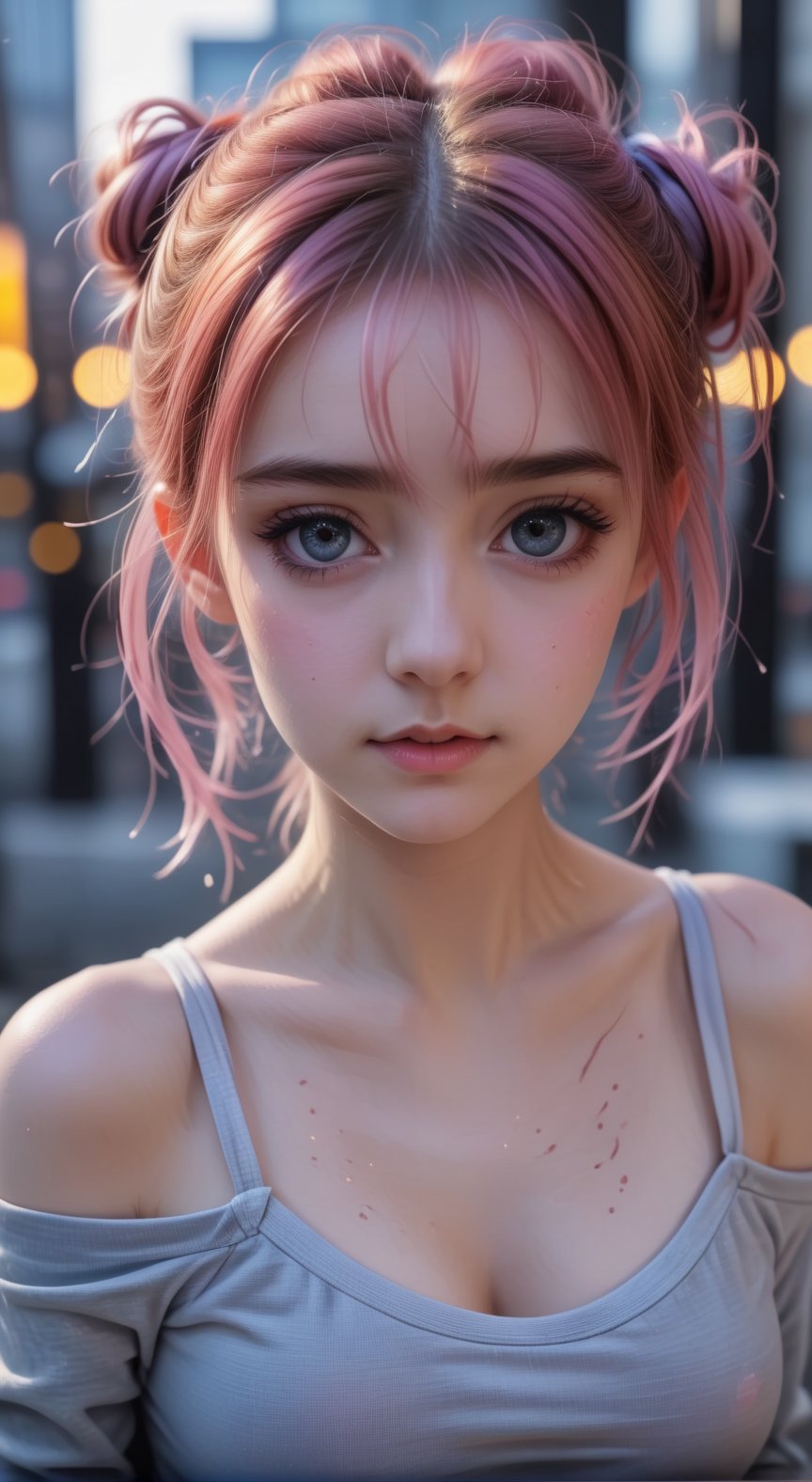 (8k, best quality, masterpiece:1.2),(best quality:1.0), (ultra highres:1.0), a beautiful loli, hair ribbons, by agnes cecile, from head to waist, extremely luminous bright design,autumn lights, hair up messy bun,  big eyes, amazing eyes, details eyes,,<lora:659095807385103906:1.0>