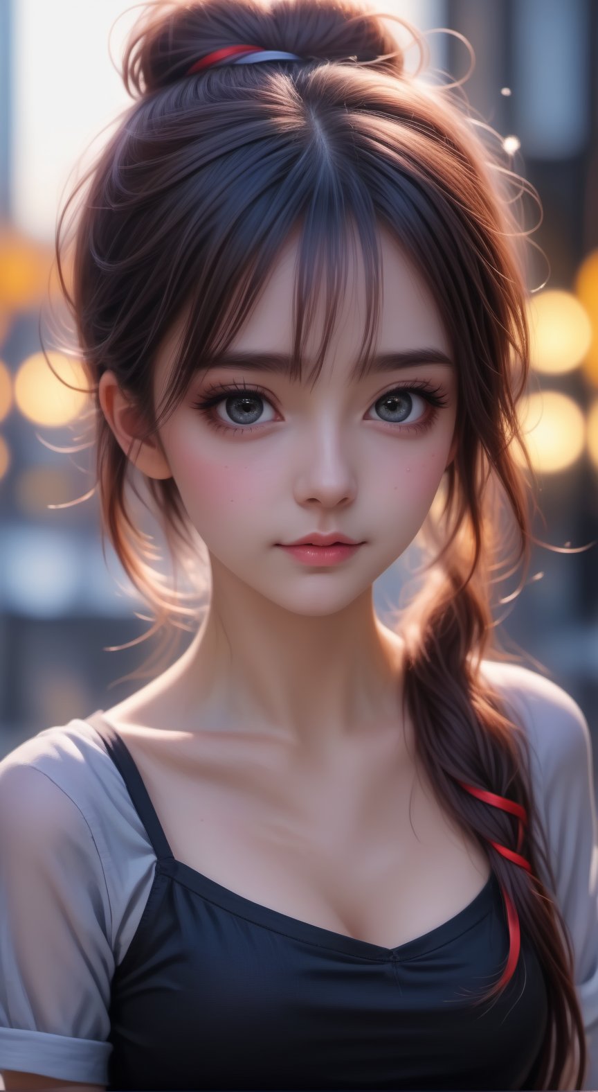 (8k, best quality, masterpiece:1.2),(best quality:1.0), (ultra highres:1.0), a beautiful loli, hair ribbons, by agnes cecile, from head to waist, extremely luminous bright design,autumn lights, hair up messy bun,  big eyes, amazing eyes, details eyes,,<lora:659095807385103906:1.0>