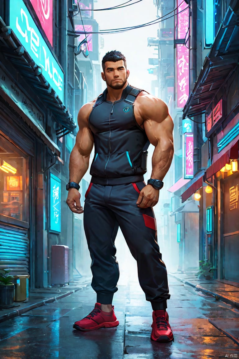 1guy,full body,male focus,bara,solo,muscular,facial hair,cyberpunk,best quality,4k,amazing quality, best aesthetic, absurdres, year 2023