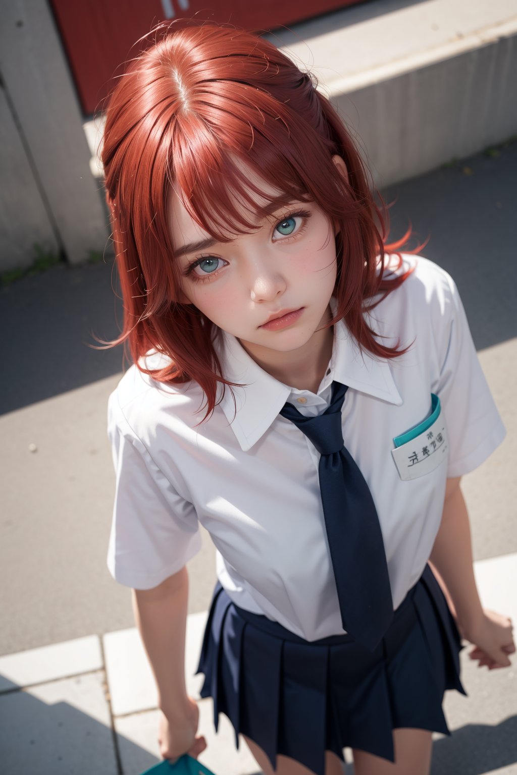 1girl, red hair, medium hair, aqua eyes, frown, school uniform, from above, pov, bangs