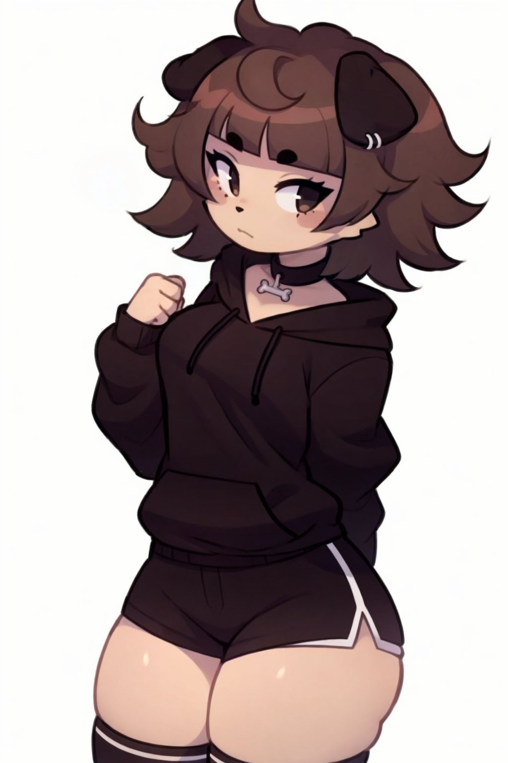 <lora:Typh_Mimi-DEF:0.75> mimi, dog girl, brown fur, short hair, choker, black sweatshirt, dolphin_shorts, thighhighs, cowboy shot, white background