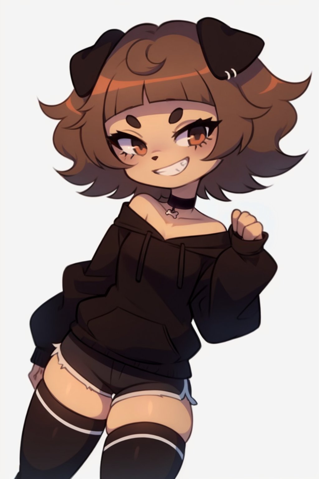 <lora:Typh_Mimi-DEF:0.75> mimi, dog girl, grin, short eyebrows, short hair, blunt bangs, brown fur, black sweatshirt, choker, dolphin_shorts, thighhighs, cowboy shot, white background