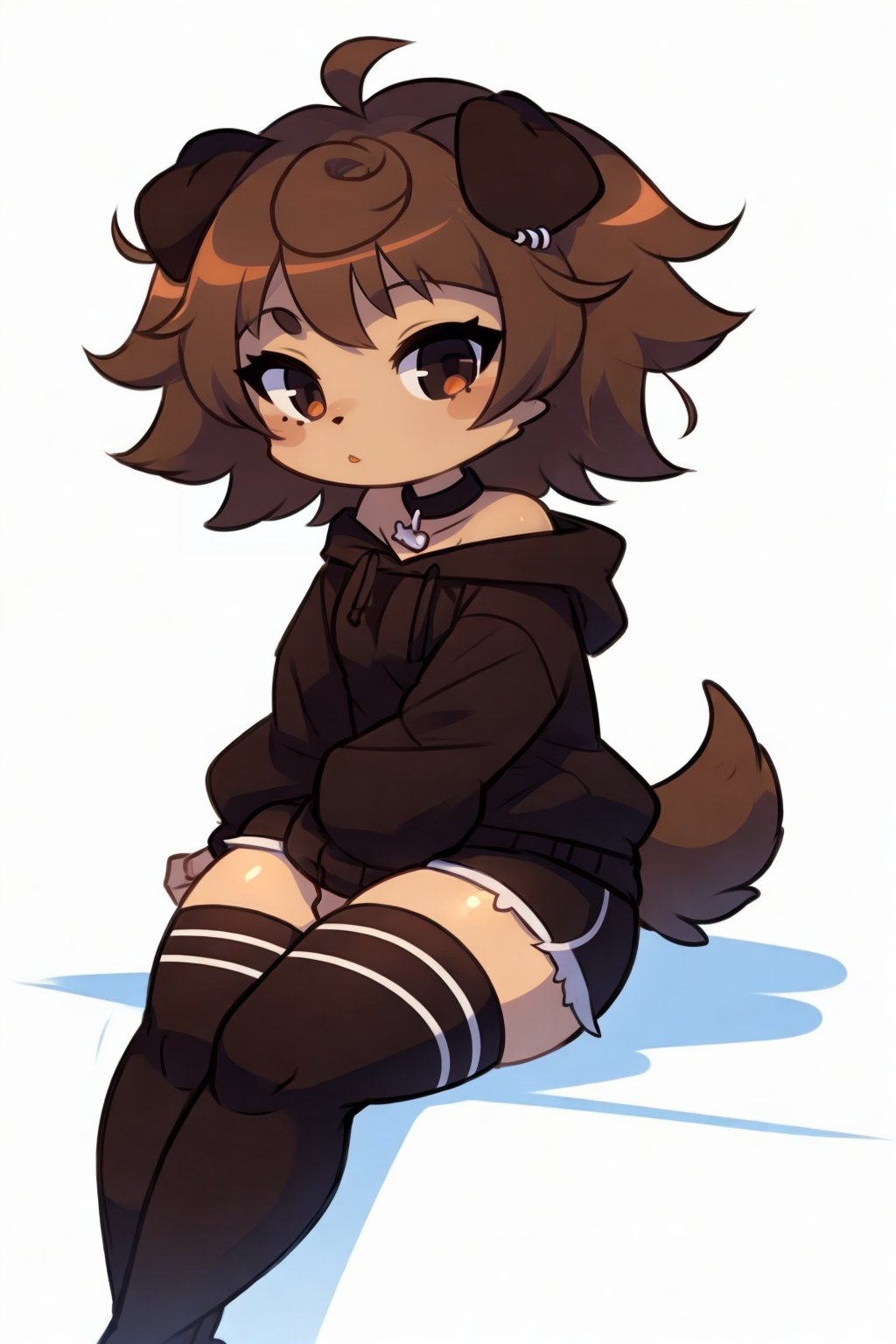 <lora:Typh_Mimi-DEF:0.75> mimi, dog girl, brown fur, short hair, choker, solo, black sweatshirt, shorts, thighhighs, sitting on the floor, chibi style, white background