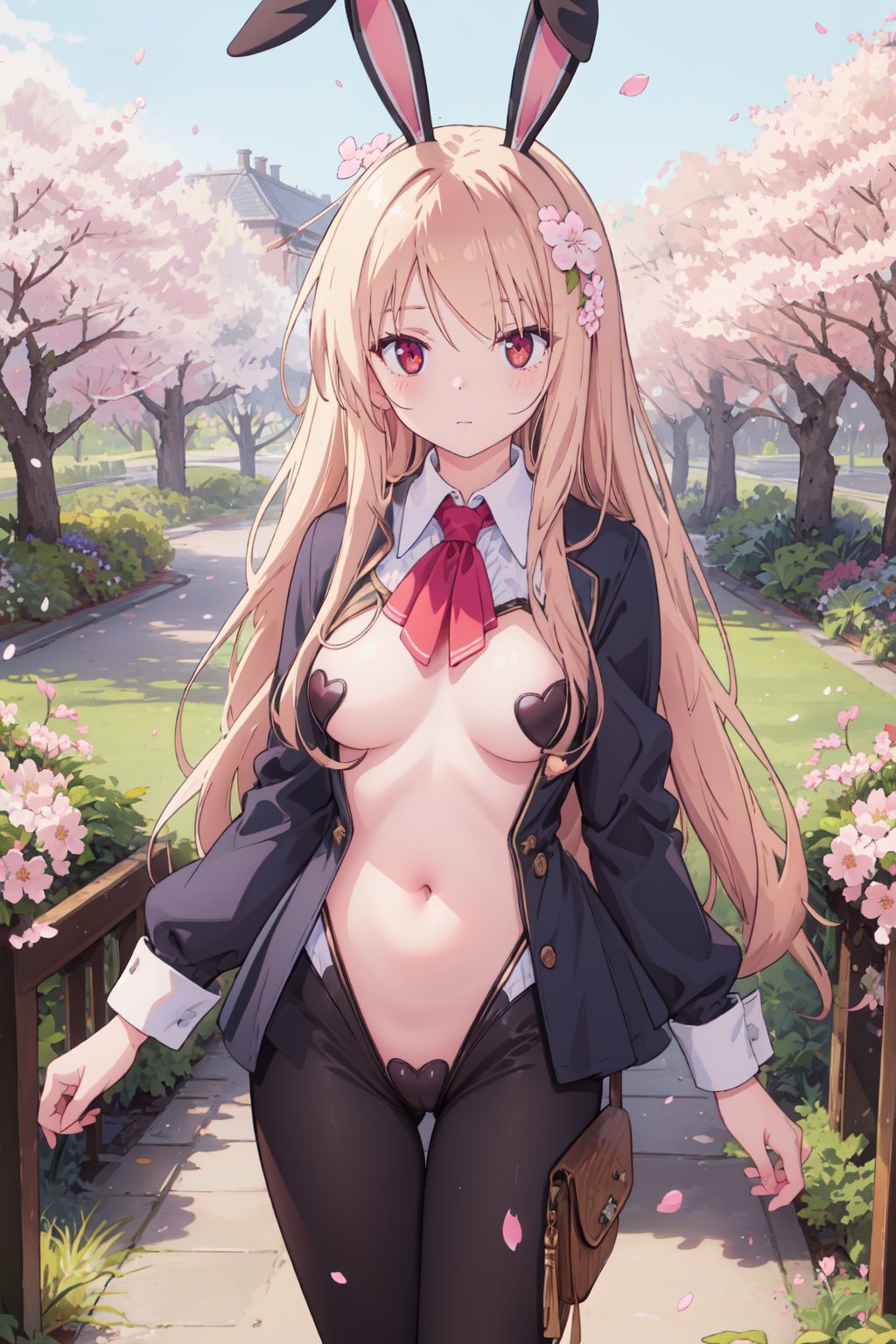 masterpiece,best quality,highres,ultra-detailed,(facing_viewer:1.1), cowboy_shot, solo, 1girl, medium_breasts, straight_long_hair, standing, outdoors, garden, cherry blossom trees,reverse_bunnysuit, navel, <lora:SelfTraining_緊身衣-逆兔女郎:1>, mashiro shiino, <lora:Character_櫻花莊的寵物女孩-椎名真白:0.8>