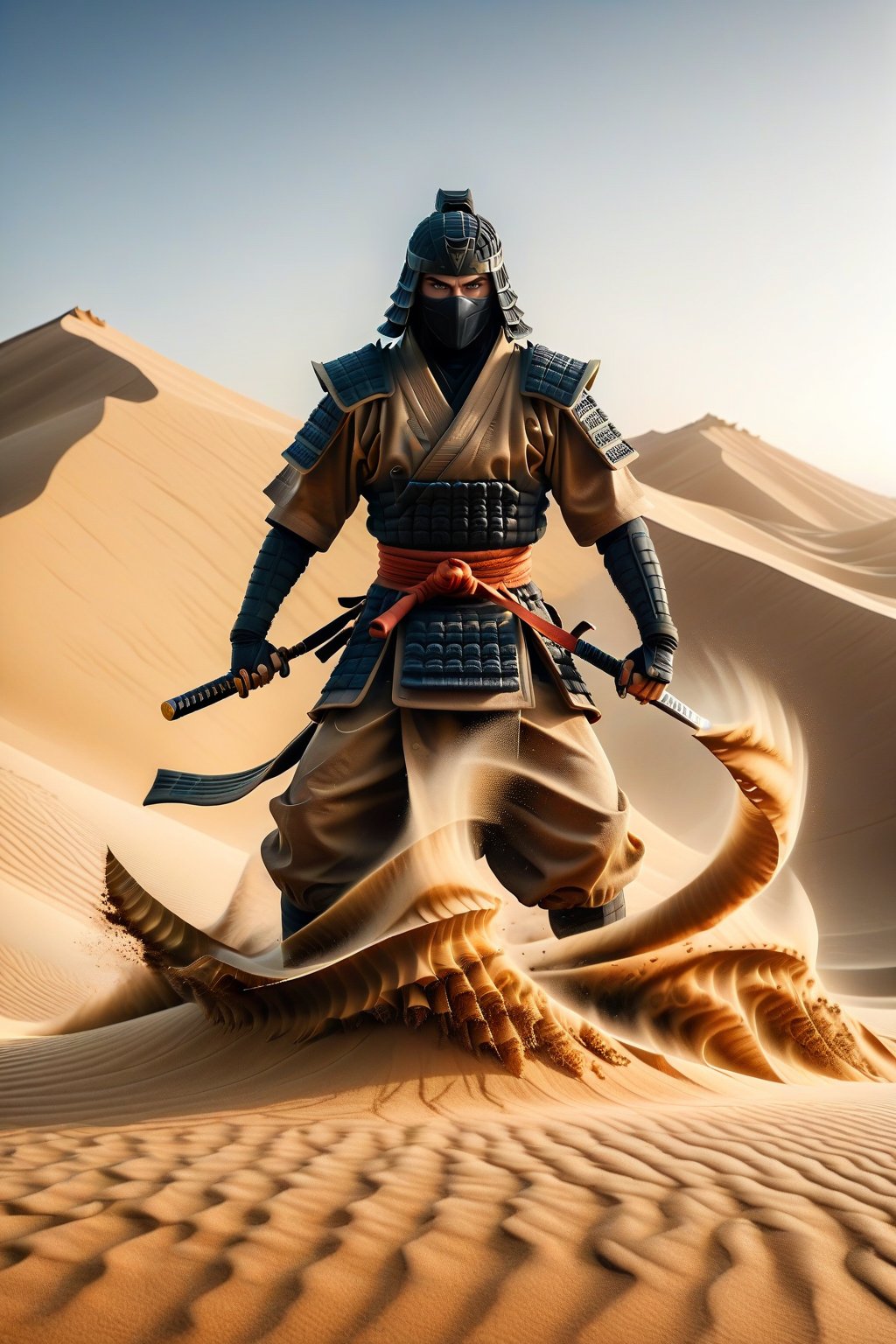 A ninja in realistic style performing Earth-style ninjutsu in the desert, summoning a grand and massive samurai made of sand and earth. The samurai stands towering and formidable, with detailed armor and a sword, showcasing the power and precision of the ninja's technique. The scene is set against a vast desert backdrop, with towering dunes and a clear sky, highlighting the epic scale of the summoned sand samurai. The image captures the essence of ancient warrior spirit blended with the realism of martial prowess.