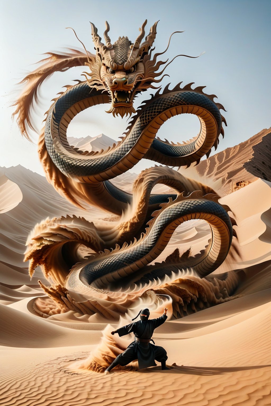 A ninja in realistic style performing Earth-style ninjutsu in the desert, summoning a grand and massive Chinese dragon made of sand and earth. The dragon twists and curls majestically through the air, its form detailed and intricate, reflecting the power and precision of the ninja's control. The desert landscape stretches far into the background, with dunes and the clear sky enhancing the scene's epic nature. This moment captures the essence of ancient mysticism blended with martial prowess.