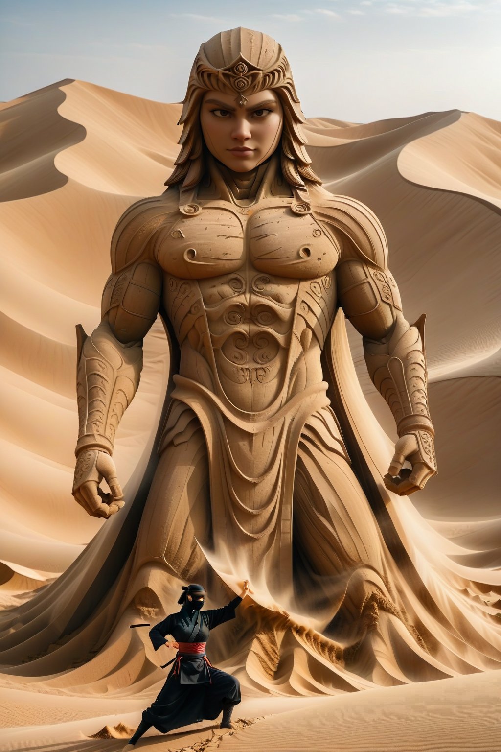 A ninja in realistic style performing Earth-style ninjutsu in the desert, summoning a grand and massive sculpture of a beautiful woman made of sand and earth. The sculpture is towering and elegant, with detailed features and flowing lines that showcase the power and precision of the ninja's technique. The scene is set against a vast desert backdrop, with towering dunes and a clear sky, highlighting the epic scale of the summoned sand sculpture. The image captures the essence of beauty and artistry blended with the realism of martial prowess.