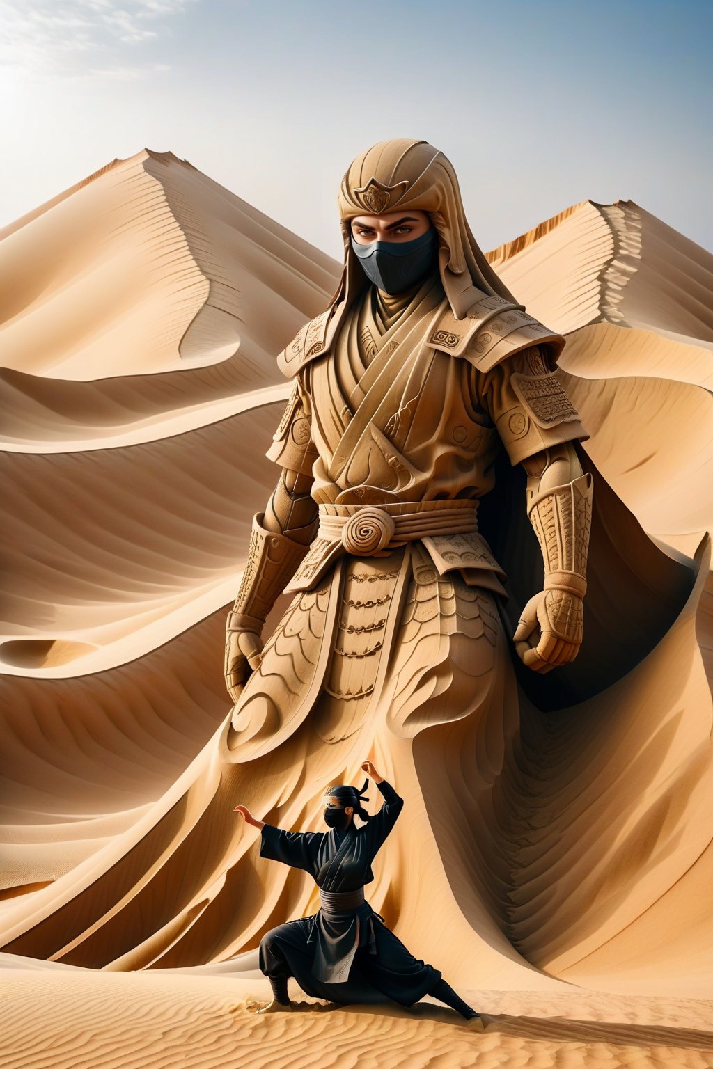 A ninja in realistic style performing Earth-style ninjutsu in the desert, summoning a grand and massive sculpture of a beautiful woman made of sand and earth. The sculpture is towering and elegant, with detailed features and flowing lines that showcase the power and precision of the ninja's technique. The scene is set against a vast desert backdrop, with towering dunes and a clear sky, highlighting the epic scale of the summoned sand sculpture. The image captures the essence of beauty and artistry blended with the realism of martial prowess.