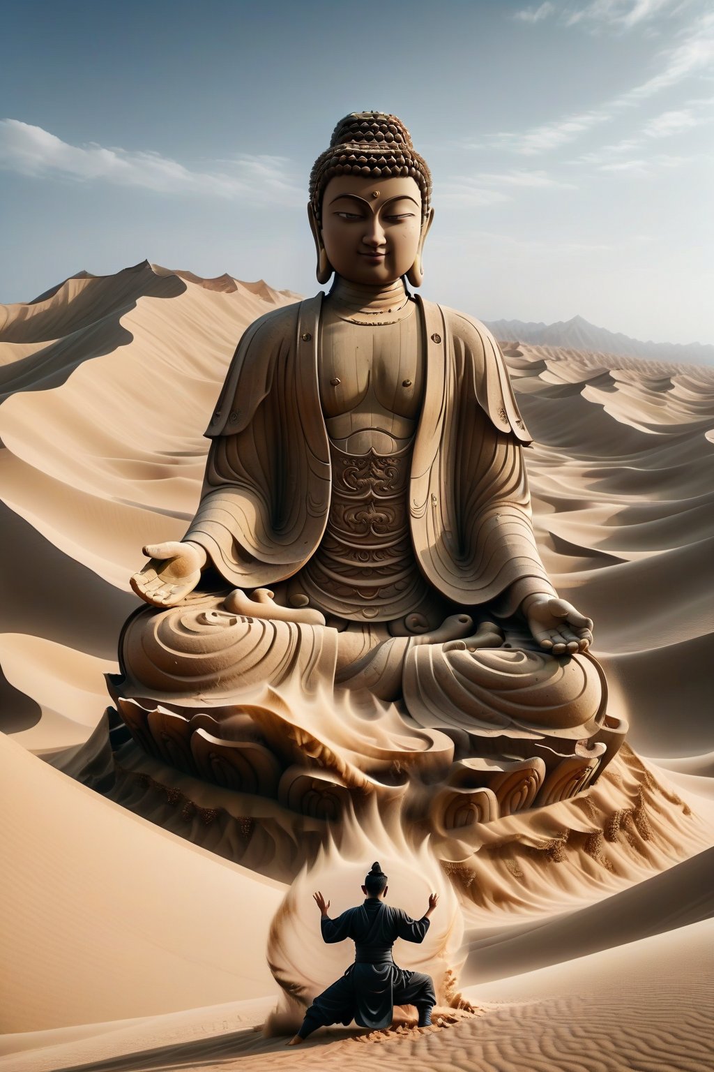 A ninja in realistic style performing Earth-style ninjutsu in the desert, summoning a grand and massive Buddha statue made of sand and earth. The Buddha statue is towering and majestic, with detailed features and a serene expression that showcase the power and precision of the ninja's technique. The scene is set against a vast desert backdrop, with towering dunes and a clear sky, highlighting the epic scale of the summoned sand Buddha statue. The image captures the essence of peace and mysticism blended with the realism of martial prowess.