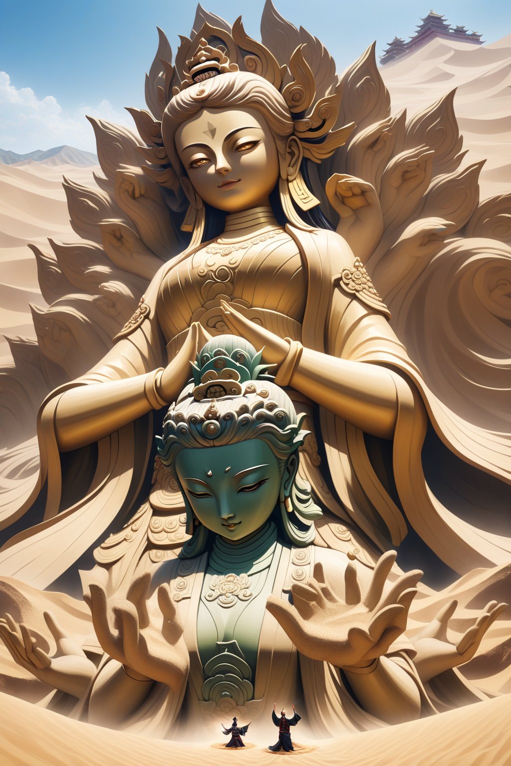 A ninja in realistic style performing Earth-style ninjutsu in the desert, summoning a grand and massive Thousand-Handed Guanyin Buddha statue made of sand and earth. The statue is towering and majestic, with countless detailed hands extending in all directions, each hand demonstrating a different symbolic gesture. The serene and compassionate expression of Guanyin adds a profound sense of peace to the scene. The backdrop is a vast desert landscape, with towering dunes under a clear sky, emphasizing the epic scale and spiritual significance of the summoned sand Guanyin statue.