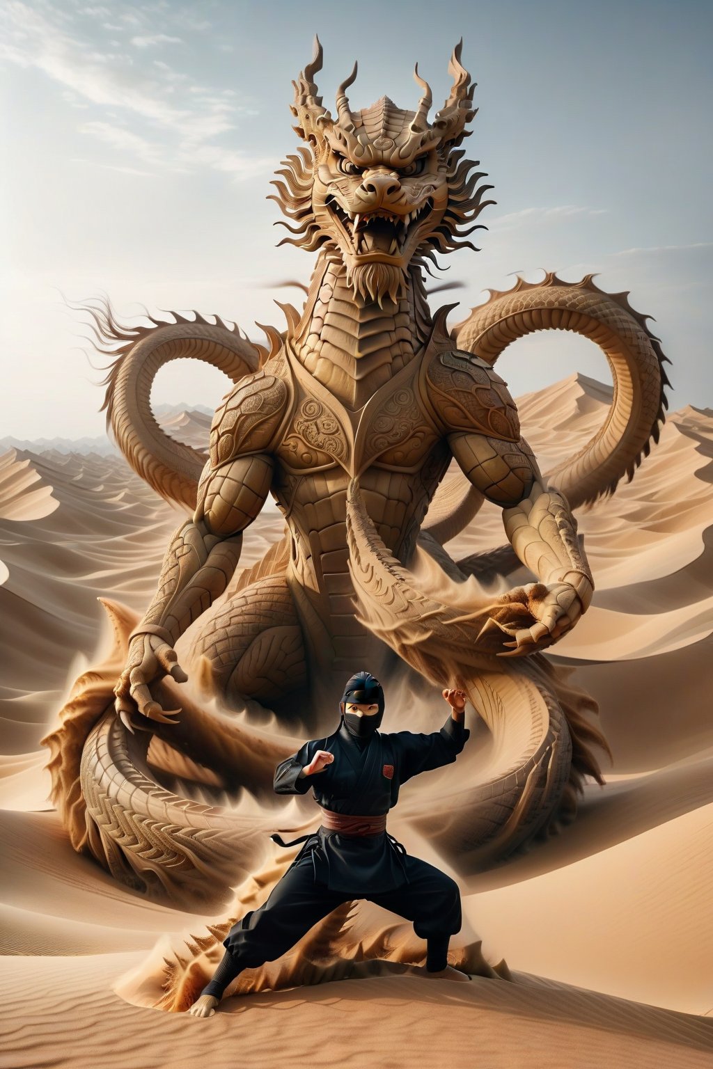 A ninja in realistic style performing Earth-style ninjutsu in the desert, summoning a grand and massive Chinese dragon made of sand and earth. The dragon twists and curls majestically through the air, its form detailed and intricate, reflecting the power and precision of the ninja's control. The desert landscape stretches far into the background, with dunes and the clear sky enhancing the scene's epic nature. This moment captures the essence of ancient mysticism blended with martial prowess.