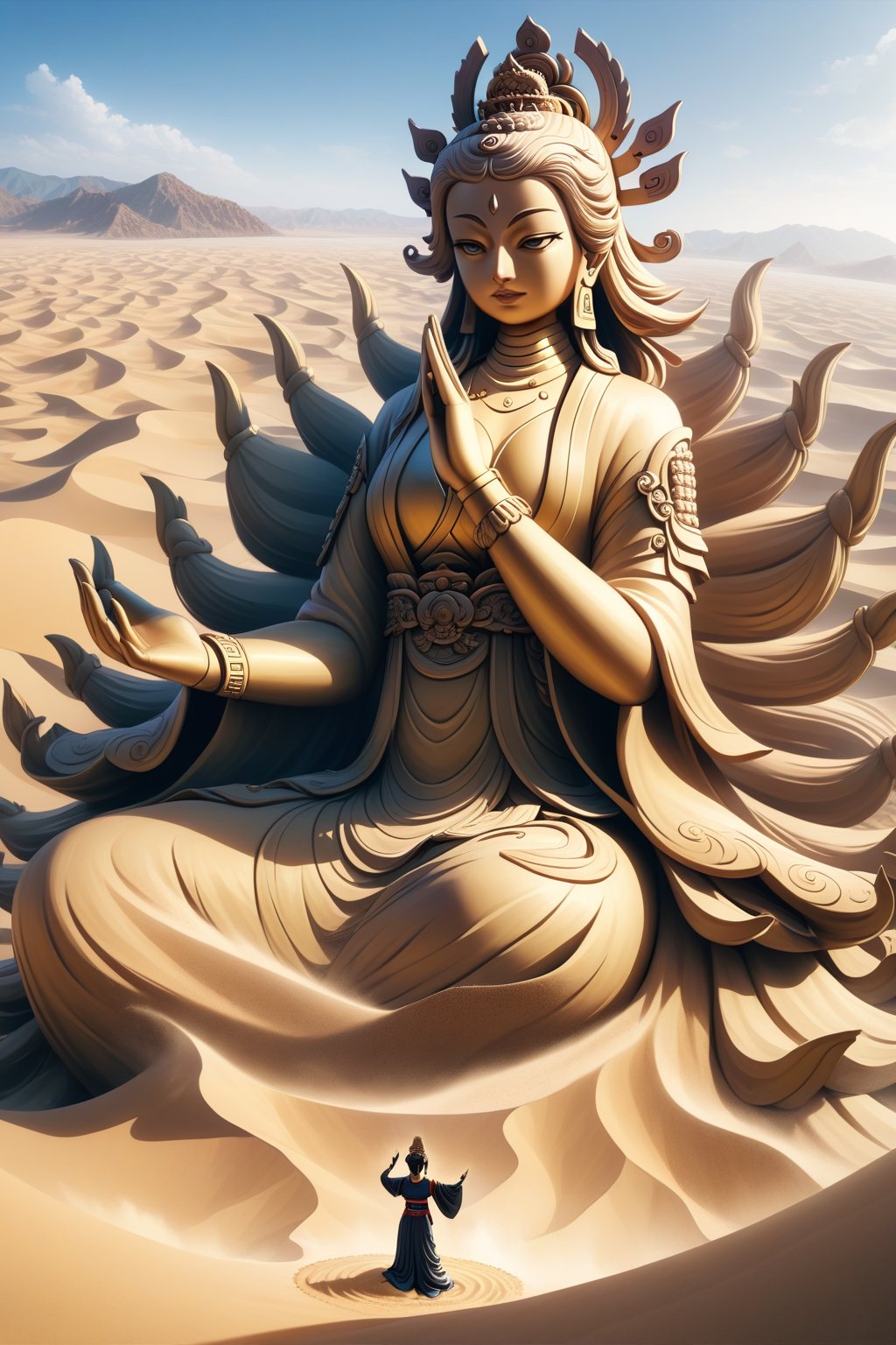 A ninja in realistic style performing Earth-style ninjutsu in the desert, summoning a grand and massive Thousand-Handed Guanyin Buddha statue made of sand and earth. The statue is towering and majestic, with countless detailed hands extending in all directions, each hand demonstrating a different symbolic gesture. The serene and compassionate expression of Guanyin adds a profound sense of peace to the scene. The backdrop is a vast desert landscape, with towering dunes under a clear sky, emphasizing the epic scale and spiritual significance of the summoned sand Guanyin statue.