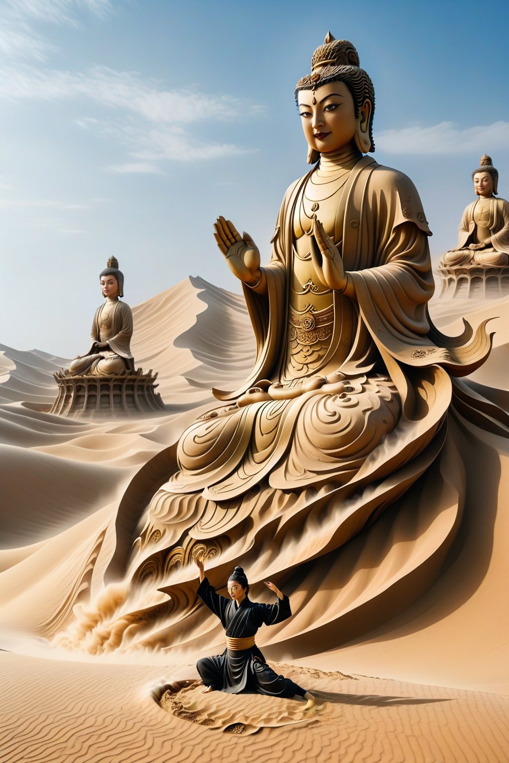 A ninja in realistic style performing Earth-style ninjutsu in the desert, summoning a grand and massive Thousand-Handed Guanyin Buddha statue made of sand and earth. The statue is towering and majestic, with countless detailed hands extending in all directions, each hand demonstrating a different symbolic gesture. The serene and compassionate expression of Guanyin adds a profound sense of peace to the scene. The backdrop is a vast desert landscape, with towering dunes under a clear sky, emphasizing the epic scale and spiritual significance of the summoned sand Guanyin statue.