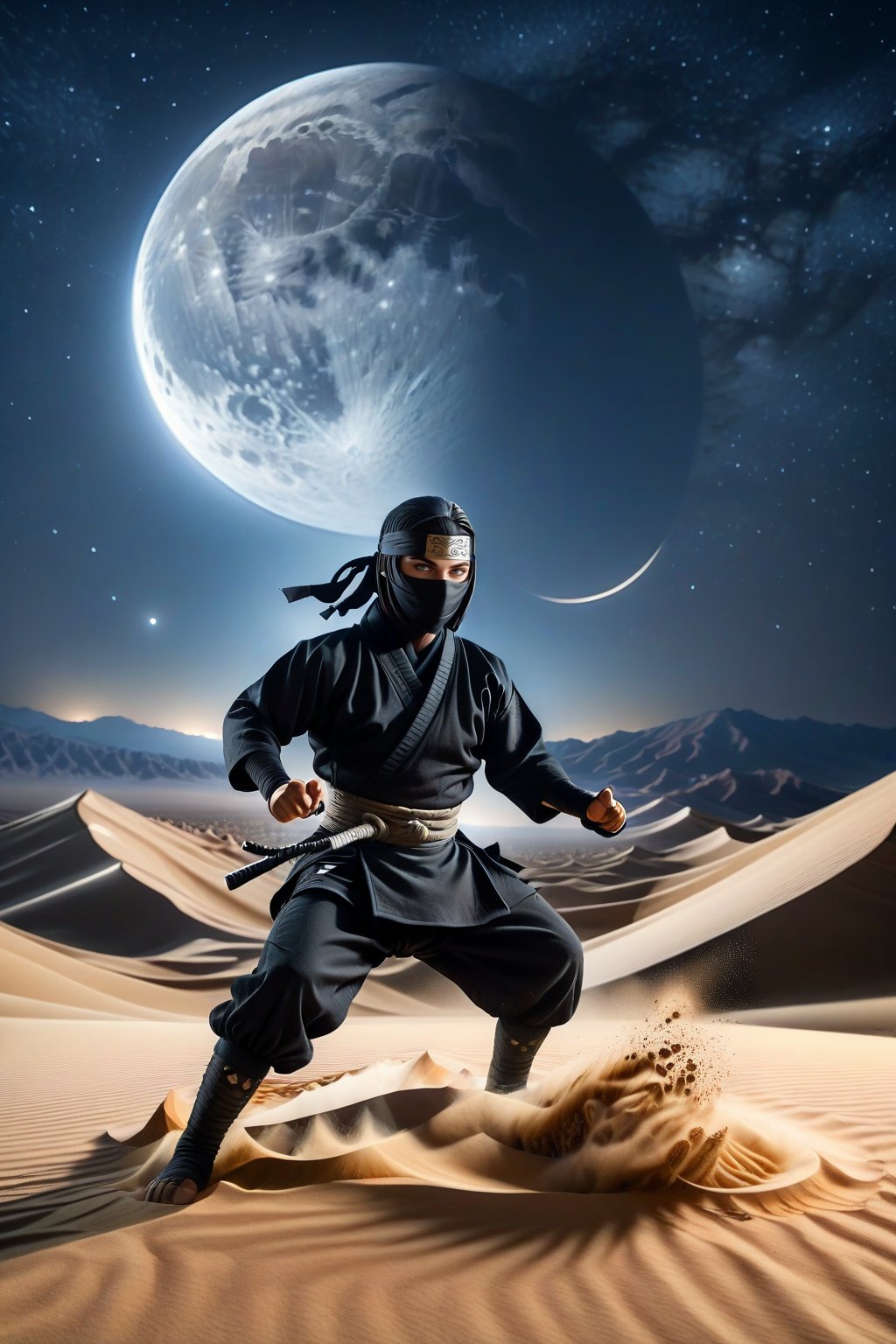 A ninja performing Earth-style ninjutsu in the desert at night. The scene is illuminated by the moon and stars, casting long shadows and highlighting the ninja's focused expression. Sand and rocks are levitating around the ninja, caught in the act of manipulation. The desert landscape is visible in the moonlight, adding a mysterious atmosphere to the scene.