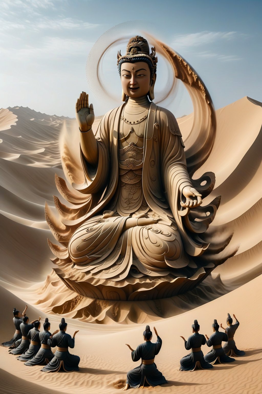 A ninja in realistic style performing Earth-style ninjutsu in the desert, summoning a grand and massive Thousand-Handed Guanyin Buddha statue made of sand and earth. The statue is towering and majestic, with countless detailed hands extending in all directions, each hand demonstrating a different symbolic gesture. The serene and compassionate expression of Guanyin adds a profound sense of peace to the scene. The backdrop is a vast desert landscape, with towering dunes under a clear sky, emphasizing the epic scale and spiritual significance of the summoned sand Guanyin statue.