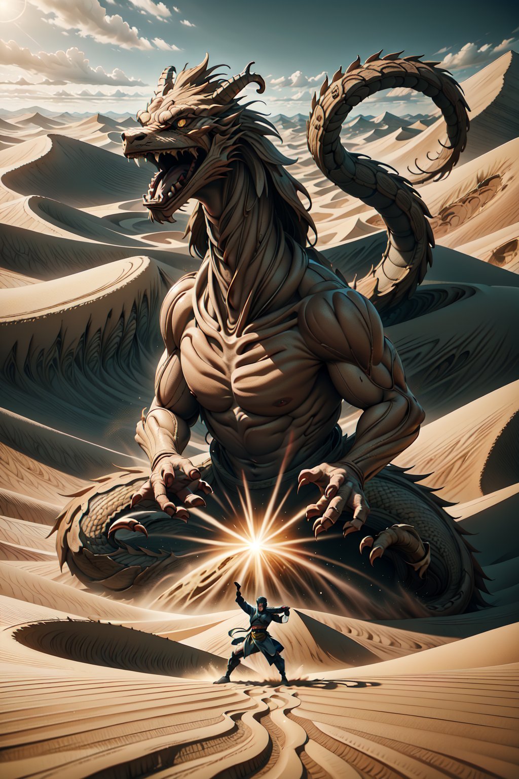 A ninja in realistic style performing Earth-style ninjutsu in the desert, summoning a grand and massive Chinese dragon made of sand and earth. The dragon twists and curls majestically through the air, its form detailed and intricate, reflecting the power and precision of the ninja's control. The desert landscape stretches far into the background, with dunes and the clear sky enhancing the scene's epic nature. This moment captures the essence of ancient mysticism blended with martial prowess.,Dune Style