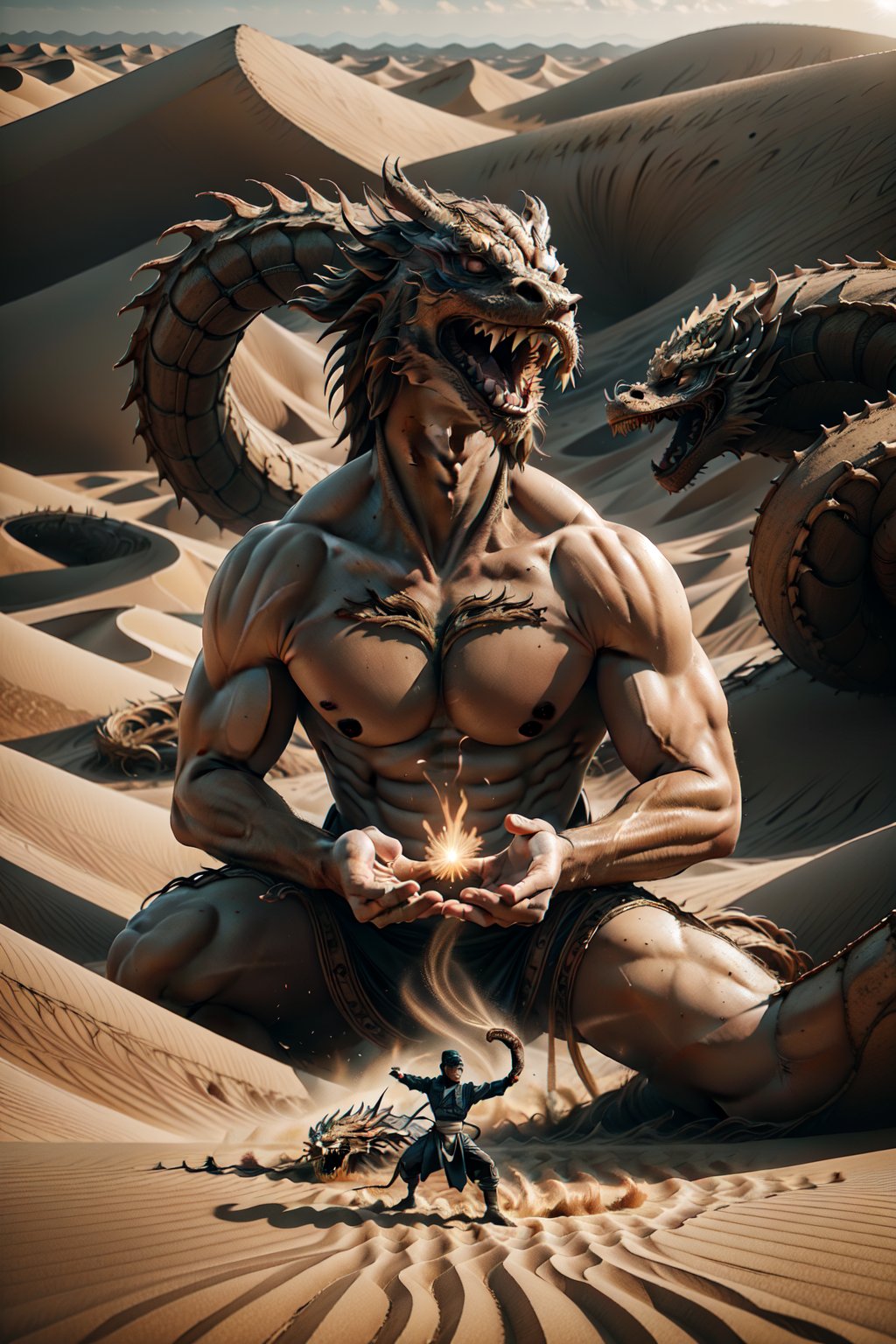 A ninja in realistic style performing Earth-style ninjutsu in the desert, summoning a grand and massive Chinese dragon made of sand and earth. The dragon twists and curls majestically through the air, its form detailed and intricate, reflecting the power and precision of the ninja's control. The desert landscape stretches far into the background, with dunes and the clear sky enhancing the scene's epic nature. This moment captures the essence of ancient mysticism blended with martial prowess.,Dune Style