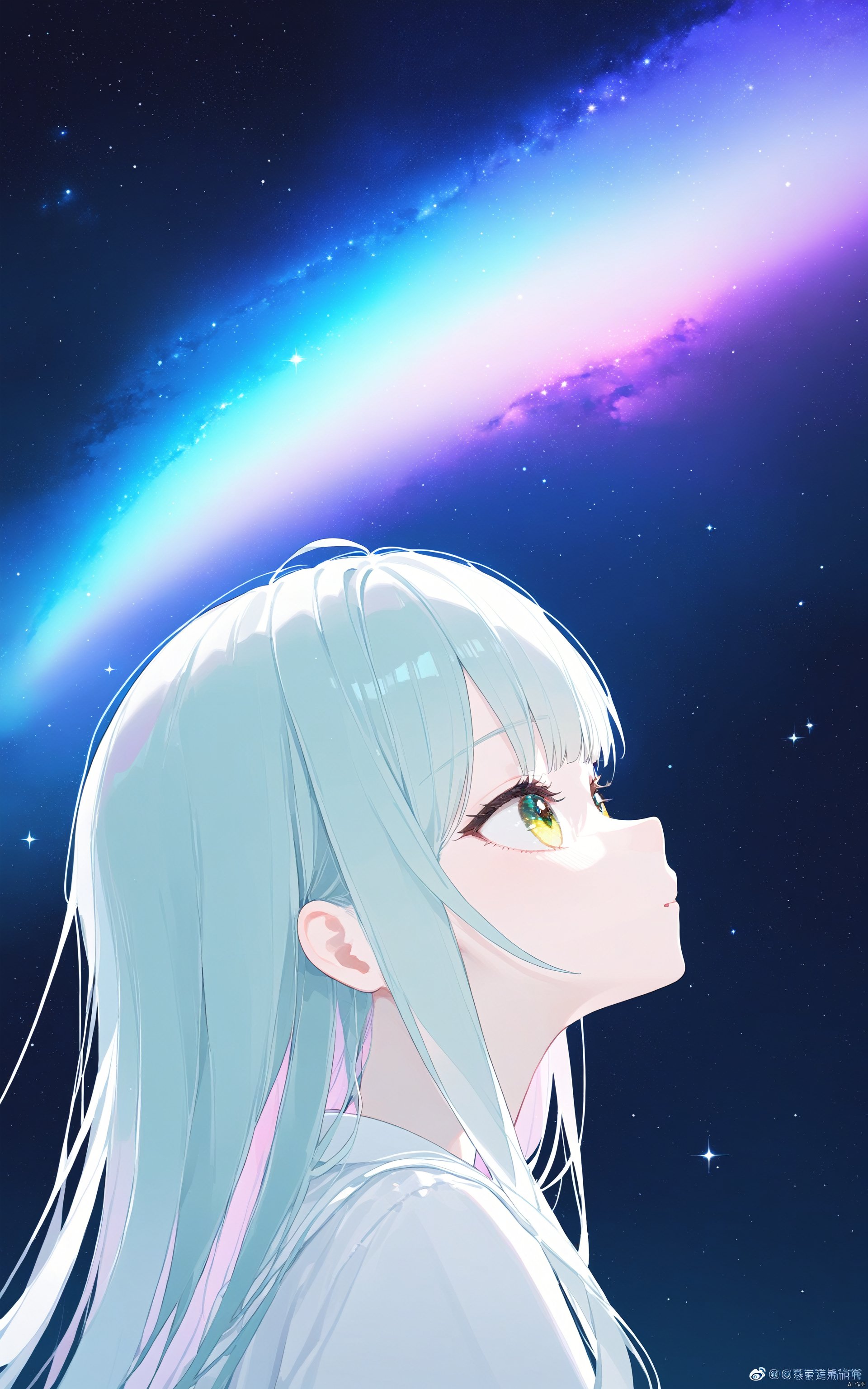 artist:hoshi \(snacherubi\),
artist:ciloranko,
artist:sho \(sho lwlw\),
artist:tianliang duohe fangdongye,
artist:chen bin,
1 girl, lovely, long hair, closeup, portrait, upper body, face from left side, on the sea, under the starry sky, the sea reflects the starry sky, rainbow color light reflected on the girl's face, sparkling lights, magical atmosphere, pointillism, Silhouette view, Cosmic wonders, Mysterious and colorful, nebula light, cosmic light, galactic light, Astronomical view, Macroscopic perspective, perspective view, masterpiece,