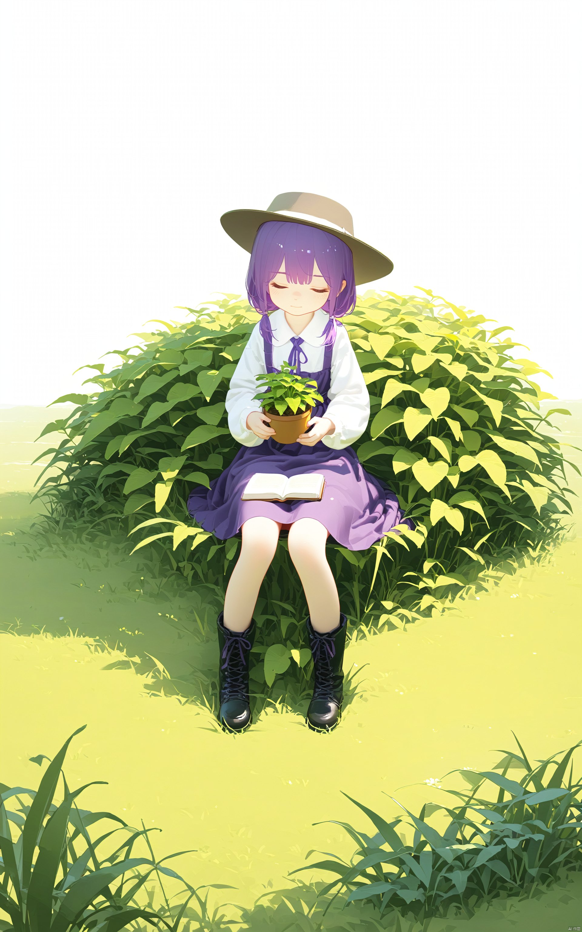  artist:tianliang duohe fangdongye,
1girl, boots, closed_eyes, closed_mouth, grass, hat, holding, long_sleeves, plant, purple_hair, sitting, skirt, solo
