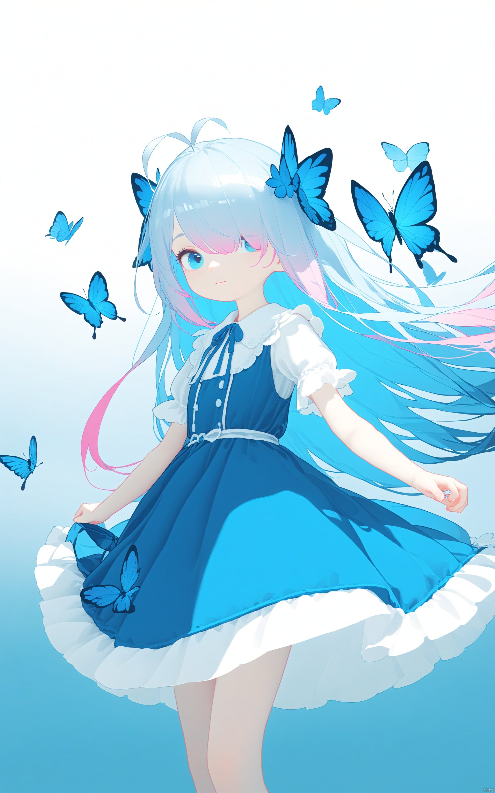  artist:tianliang duohe fangdongye,
1girl, solo, long hair, blue eyes, hair ornament, dress, ribbon, blue hair, pink hair, multicolored hair, hair over one eye, gradient hair, blue dress, antenna hair, bug, butterfly, blue butterfly, cuteloli