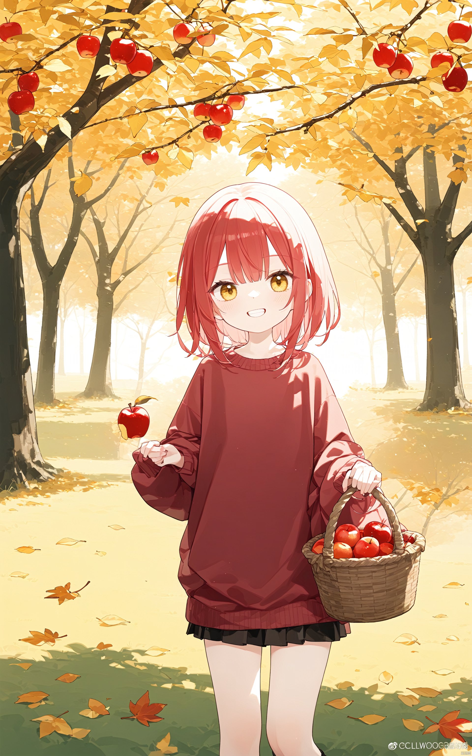 artist:hoshi \(snacherubi\),
artist:ciloranko,
artist:sho \(sho lwlw\),
artist:tianliang duohe fangdongye,
artist:chen bin,
A young girl, embracing a basket of freshly picked apples, under a blossoming cherry tree in autumn, surrounded by fallen leaves in shades of red and gold, wearing an oversized woolen sweater, ankle boots, with rosy cheeks and a joyful grin, sunshine filtering through the colorful foliage casting dappled light upon her, against a backdrop of a charming countryside orchard., ((poakl))


