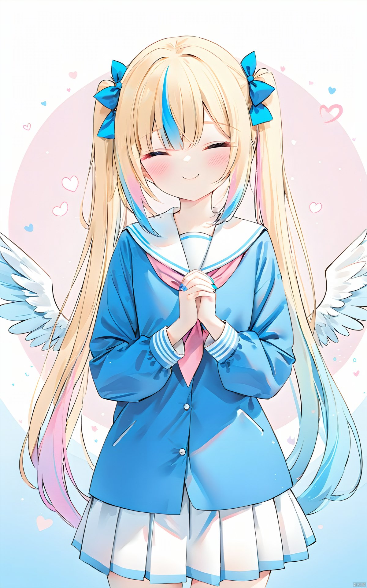  artist:chen bin,
1girl, solo, long hair, smile, bangs, skirt, blonde hair, shirt, long sleeves, bow, twintails, very long hair, school uniform, blue hair, closed eyes, pink hair, hair bow, heart, multicolored hair, wings, serafuku, sailor collar, nail polish, blue bow, own hands together, blue shirt, pink bow, facing viewer, blue nails, own hands clasped, rainbow, large bow, multicolored nails, multiple hair bows, quad tails, praying
