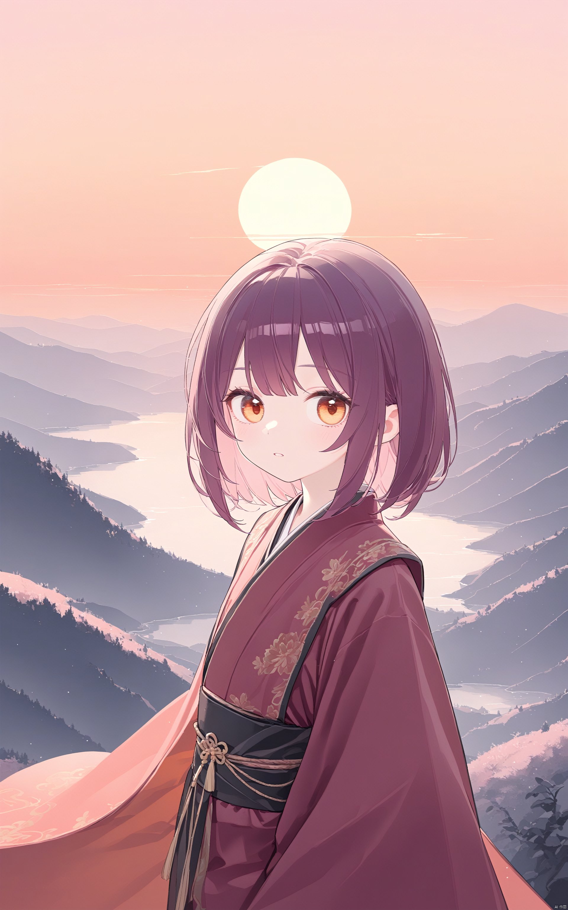 artist:ciloranko, artist:hoshi (snacherubi), artist:tianliang duohe fangdongye, artist:sho (sho lwlw), artist:chen bin, Q-version ancient style girl, with a side face and big eyes, purple silk, valley, visual impact, eye-catching, rich in details, warm colors, soft lighting, high saturation,andbeautifulemotions.,汉服, watercolor
