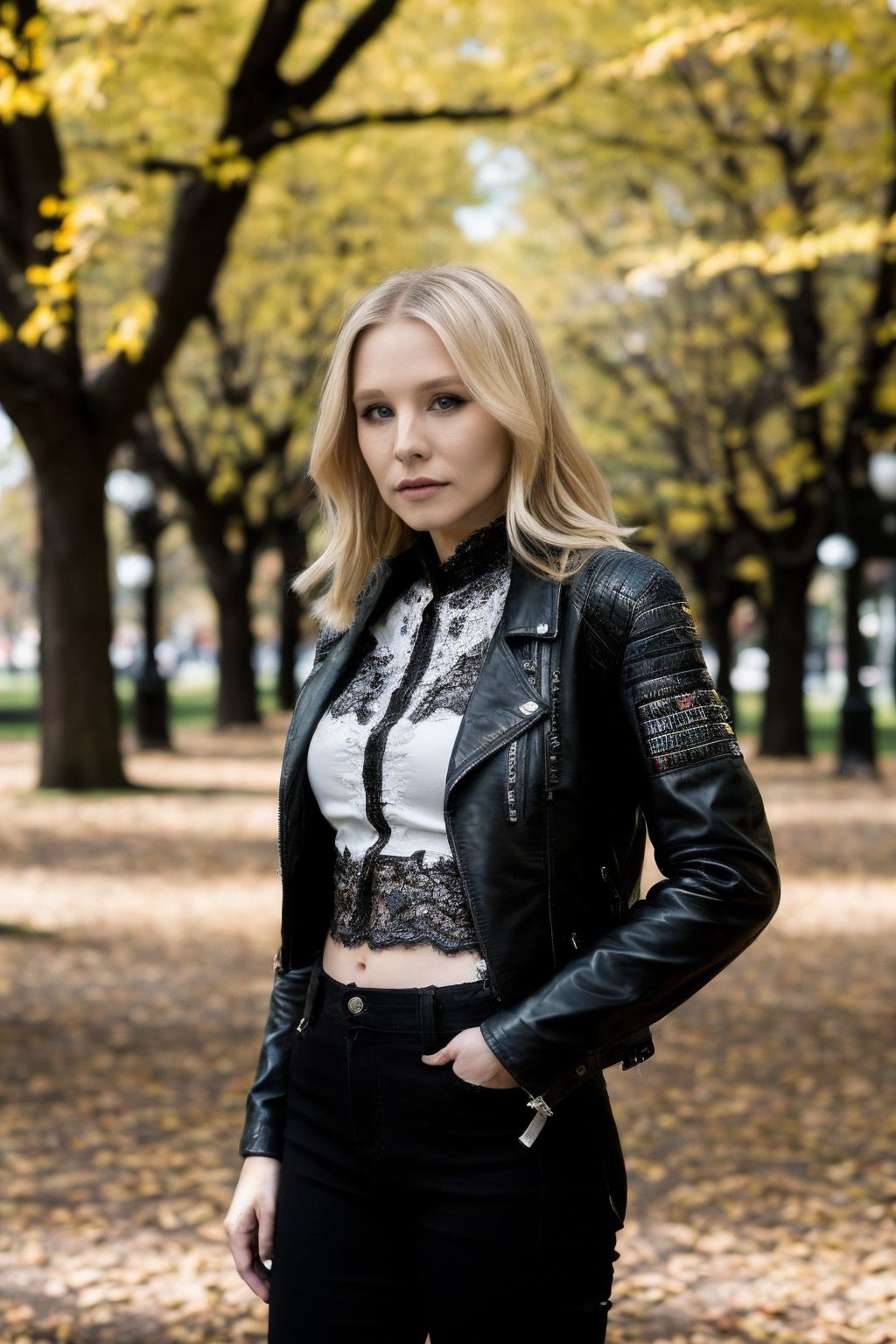 (8k, masterpiece, best quality, solo, sfw), full body, wo_krisbell01, blonde, portrait, (leather jacket, lace shirt), looking at camera, eyeliner, eye_shadow, in a park with blurry background