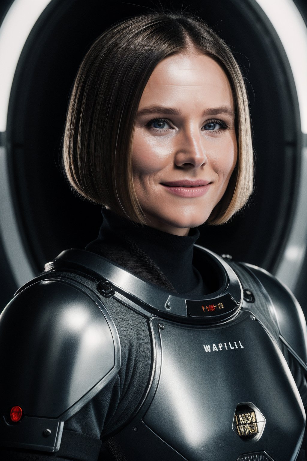 RAW photo of wo_krisbell01, wearing high-tech armor, in deep space, portrait, smile, bob cut hair, (high detailed skin:1.2), 8k uhd, dslr, soft lighting, high quality, film grain, Fujifilm XT3
