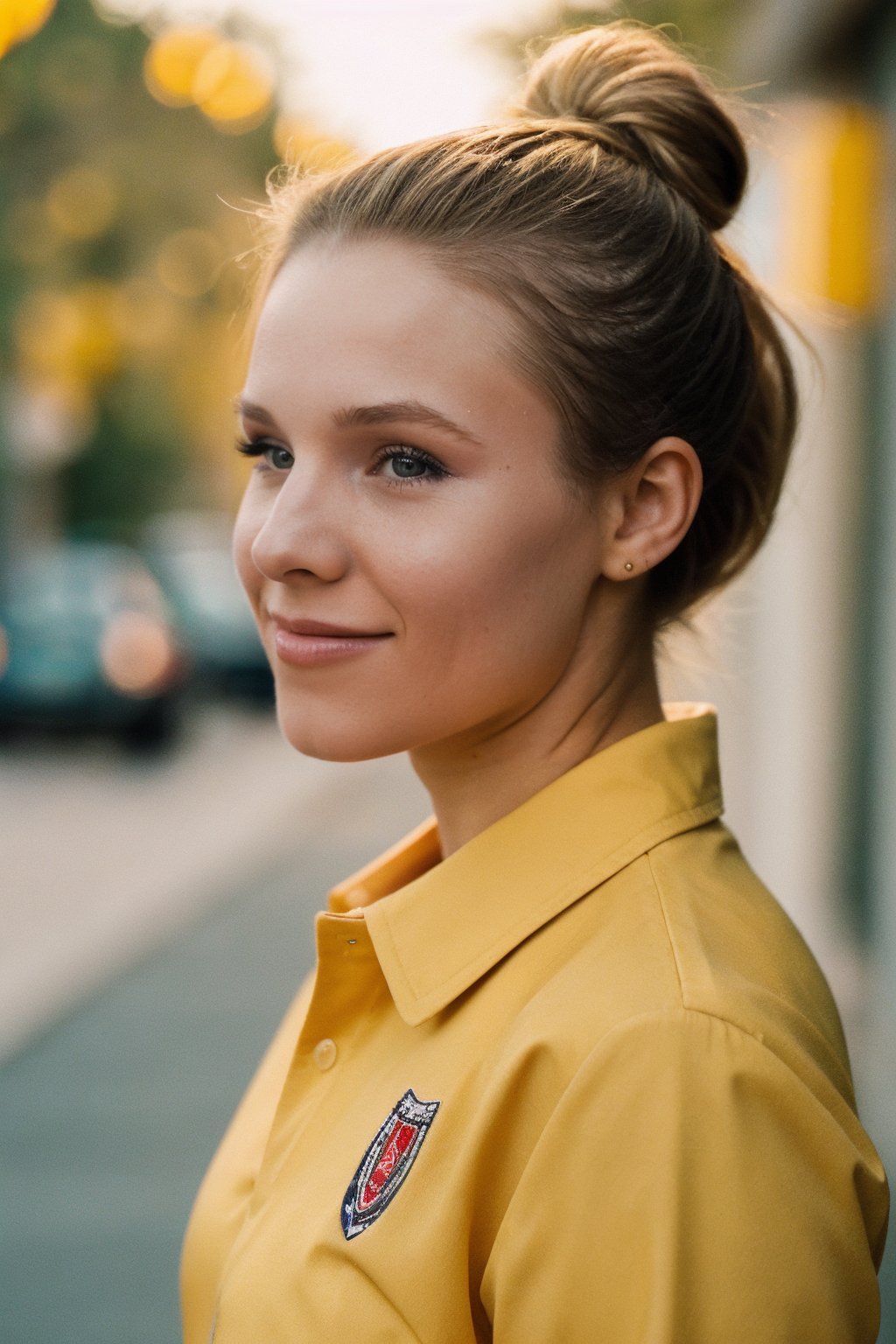 cinematic photo, wearing a high school uniform, her hair in a bun, (smile:0.5), wo_krisbell01, 35mm photograph, film, bokeh, professional, 4k, highly detailed