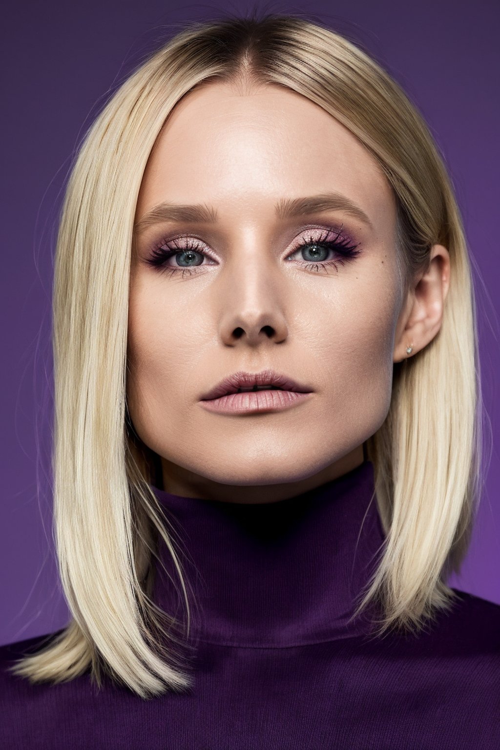 woman, delicate traits, Sharp Focus, (wo_krisbell01), (close-up:0.1), low key lighting, shot on Lumix GH5, cinematic bokeh, purple tight turtleneck shirt, blonde, long hair, (simple background:1.2), teasing, detailed skin, Detailedface, solo