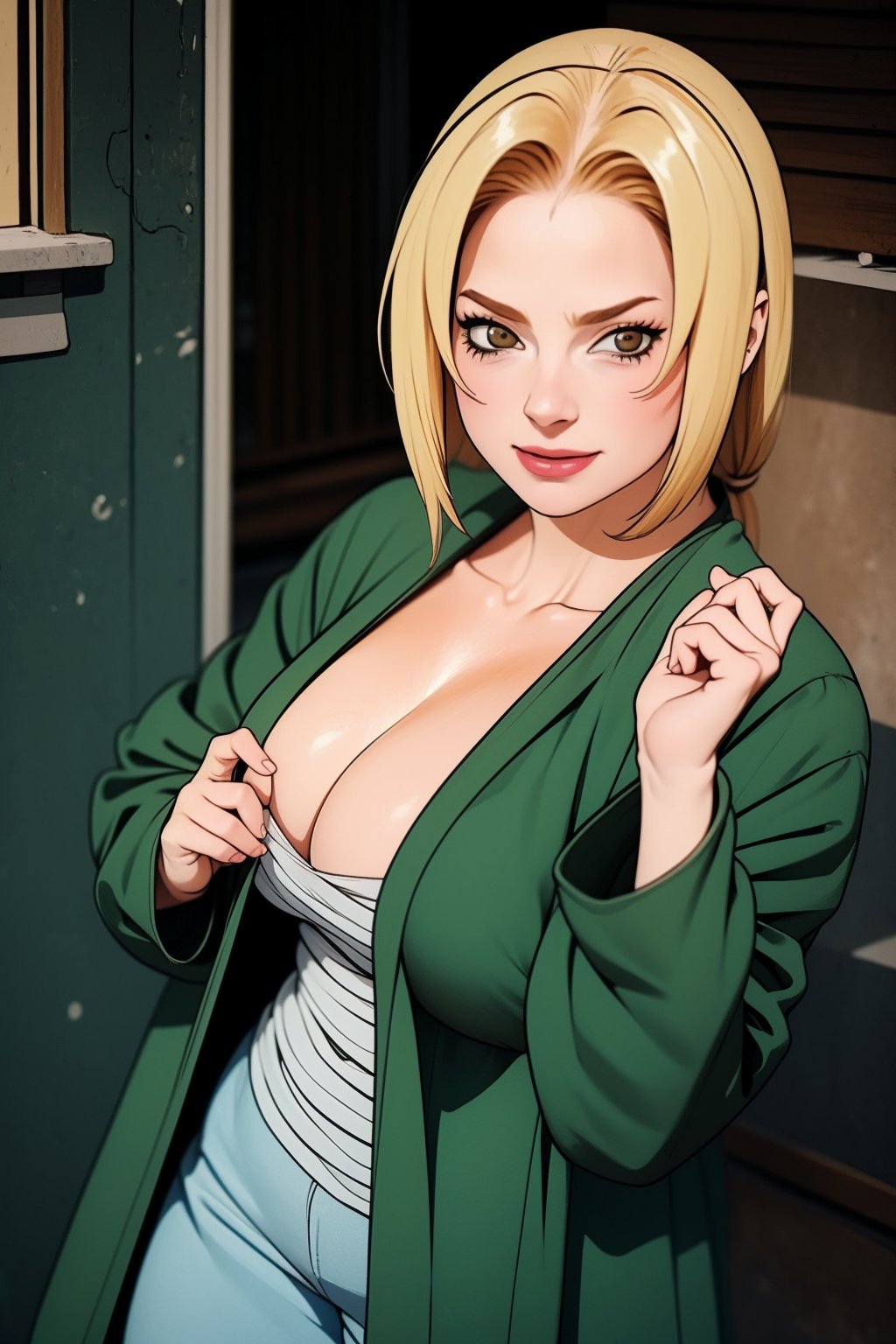 masterpiece, best quality, high contrast, professional photography, soft light, sharp focus, 1girl, smiling, Tsunade, blonde hair, large breasts, mature female, blue pants, green coat, chest bandage, beautiful brown eyes, cleavage, big breasts, serious face