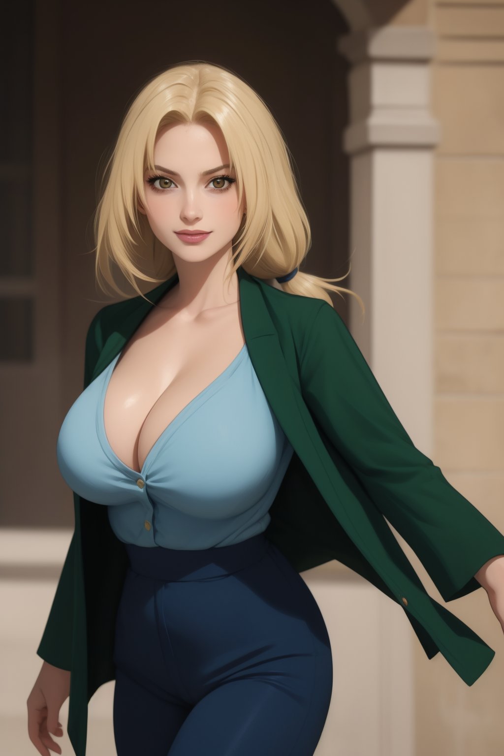 masterpiece, best quality, high contrast, professional photography, soft light, sharp focus, 1girl, smiling, Tsunade, blonde hair, large breasts, mature female, blue pants, green coat, chest bandage, beautiful brown eyes, cleavage, big breasts, serious face