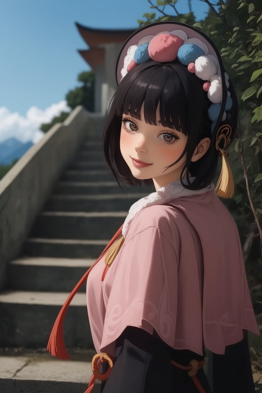  yunjindef, upper body, smile, blush, outdoors, day, simple background, blue sky, short hair, sky, temple, looking at viewer, stairs, mountain, moody lighting, facing viewer,Anime face details